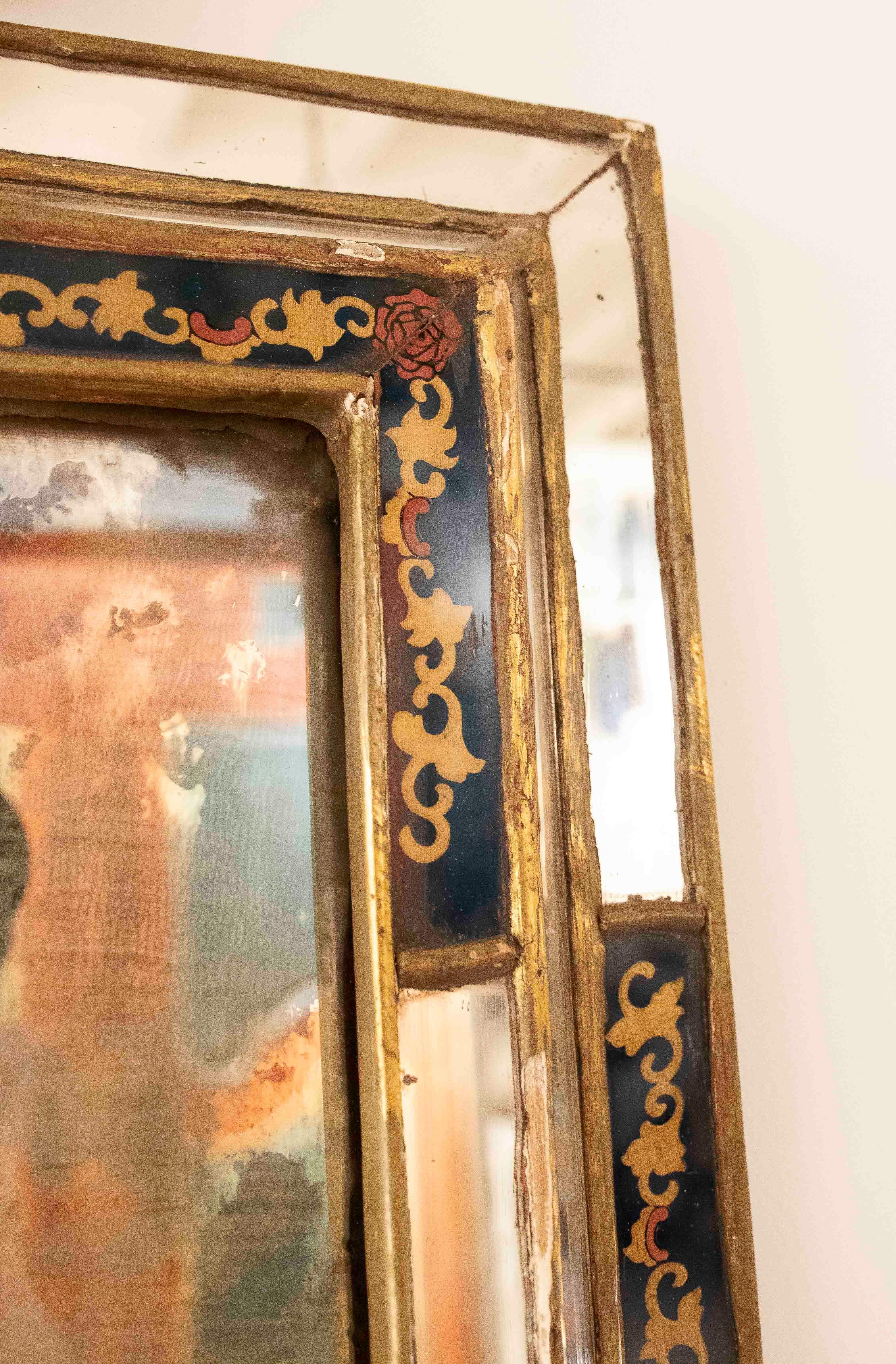 1950s Antique Mirror with Gold Frame and Glass Painted & Gold Leaf In Good Condition For Sale In Marbella, ES