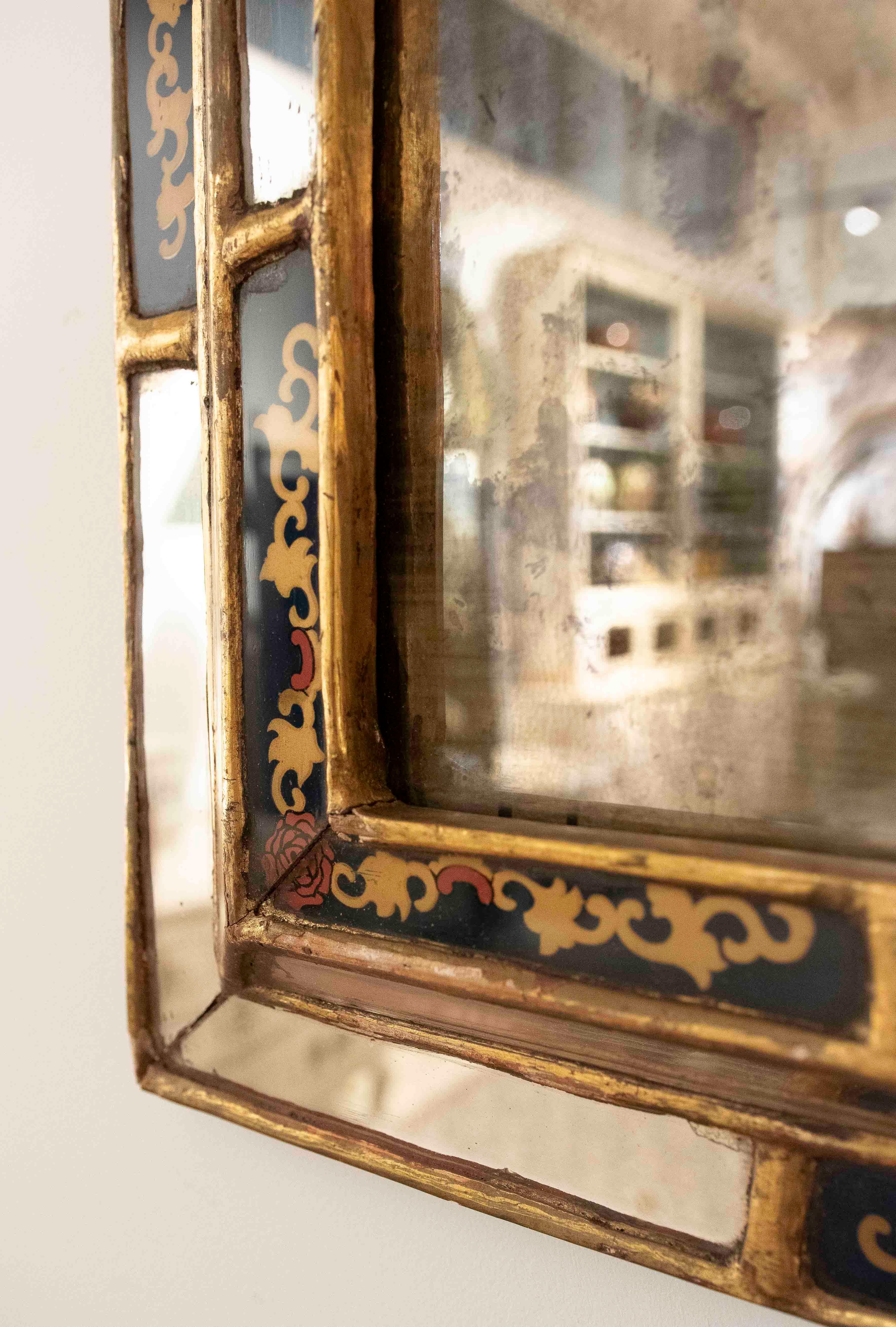 1950s Antique Mirror with Gold Frame and Glass Painted & Gold Leaf For Sale 1