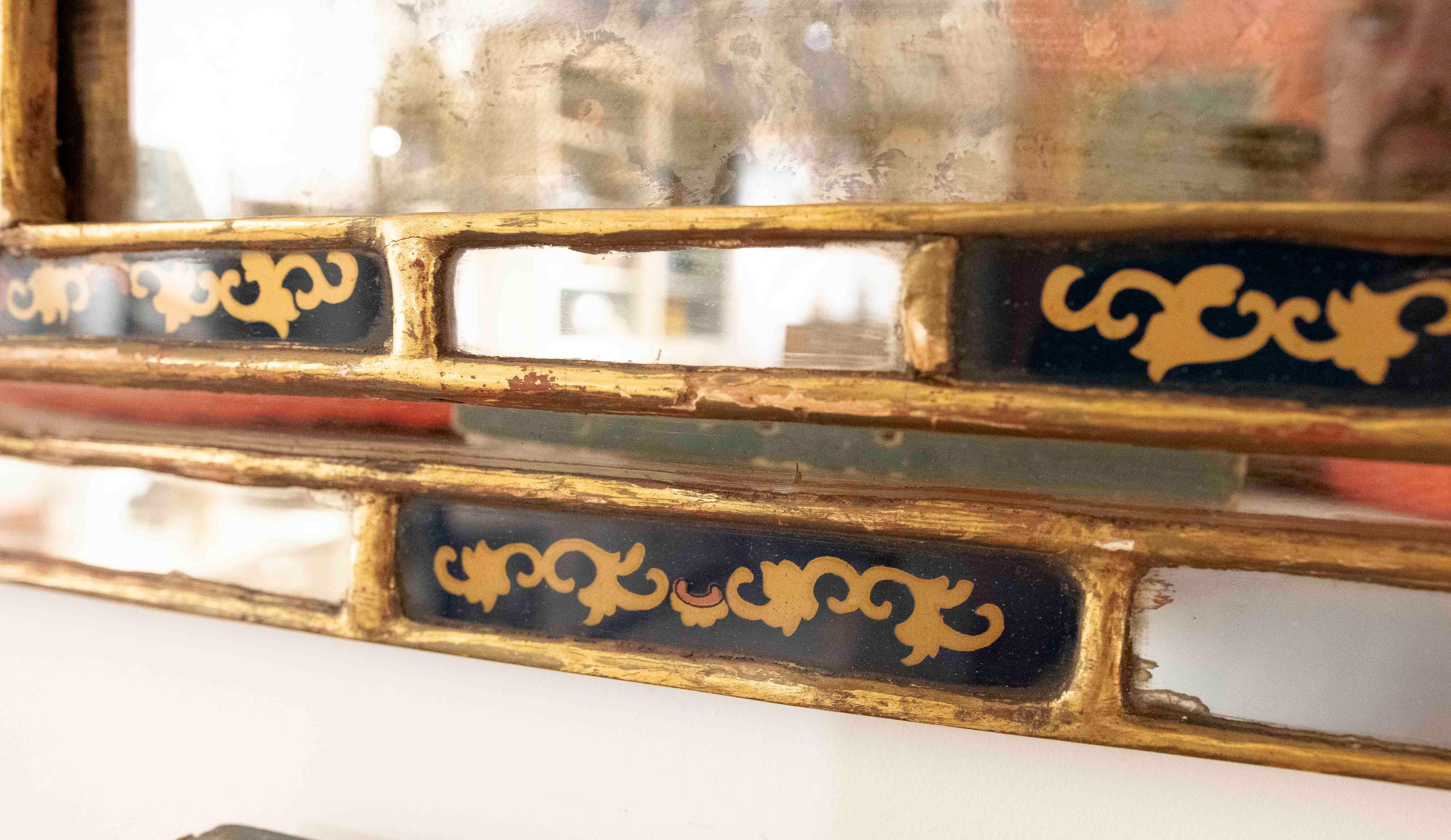 1950s Antique Mirror with Gold Frame and Glass Painted & Gold Leaf For Sale 2