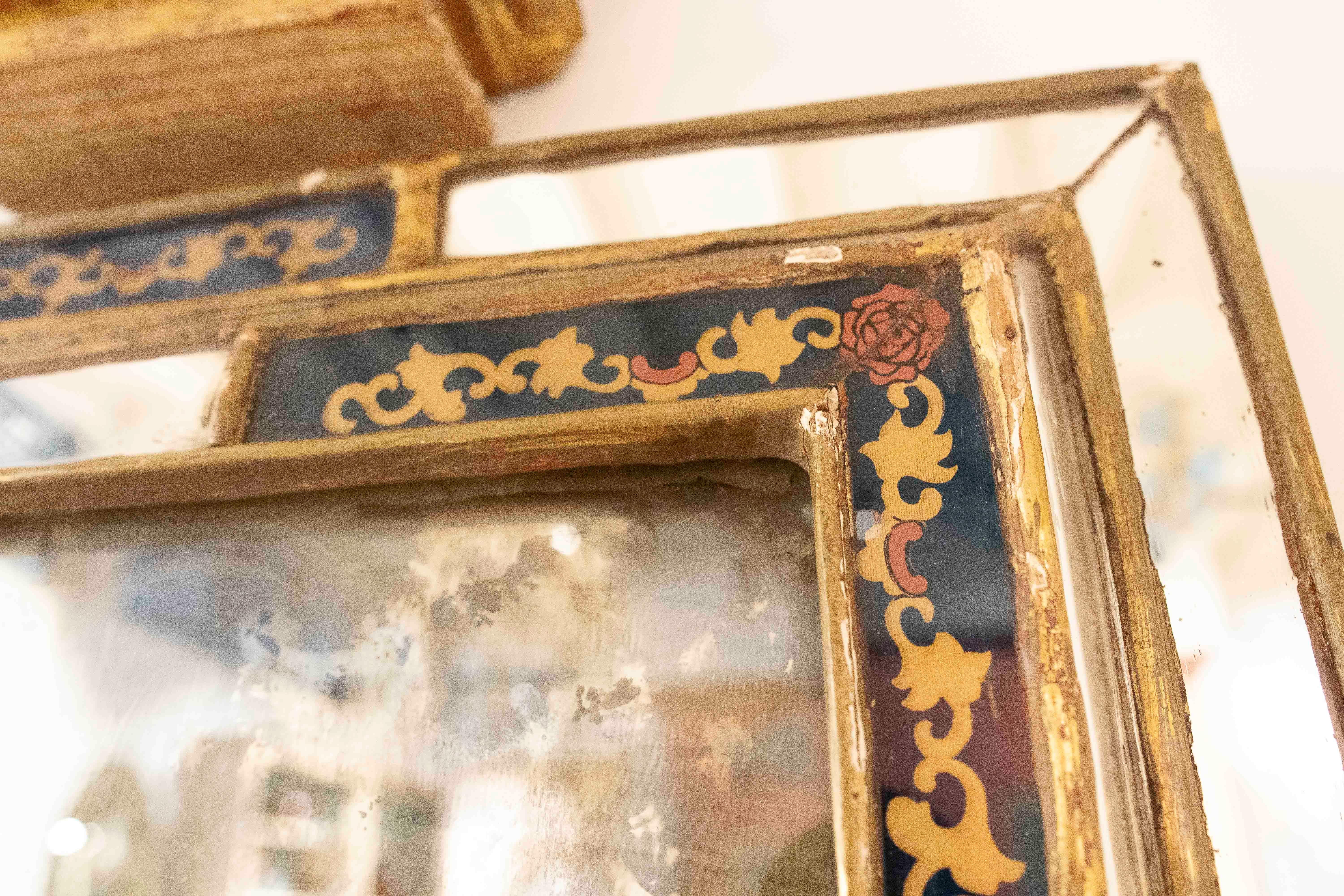 1950s Antique Mirror with Gold Frame and Glass Painted & Gold Leaf For Sale 3