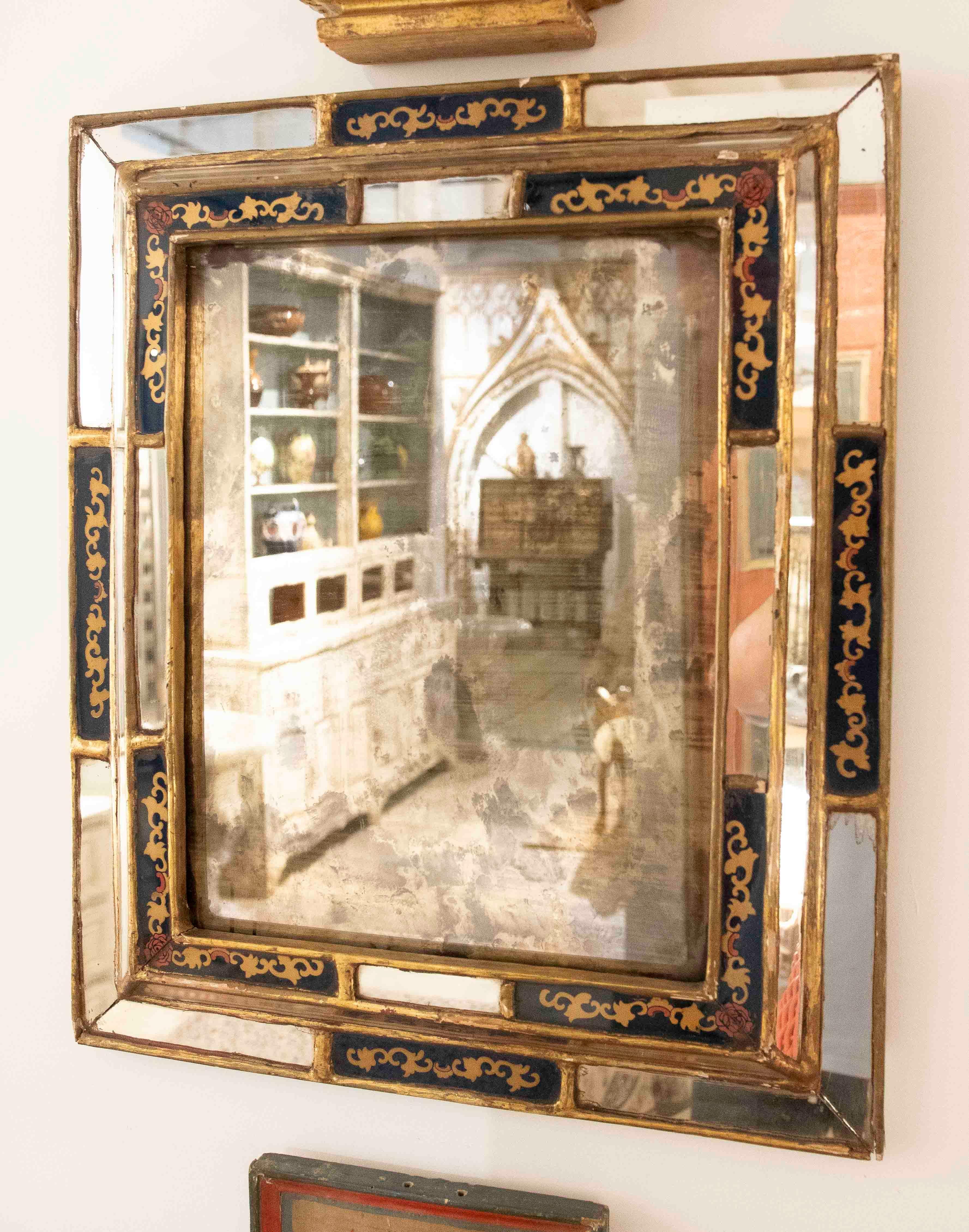 1950s Antique Mirror with Gold Frame and Glass Painted & Gold Leaf For Sale 4