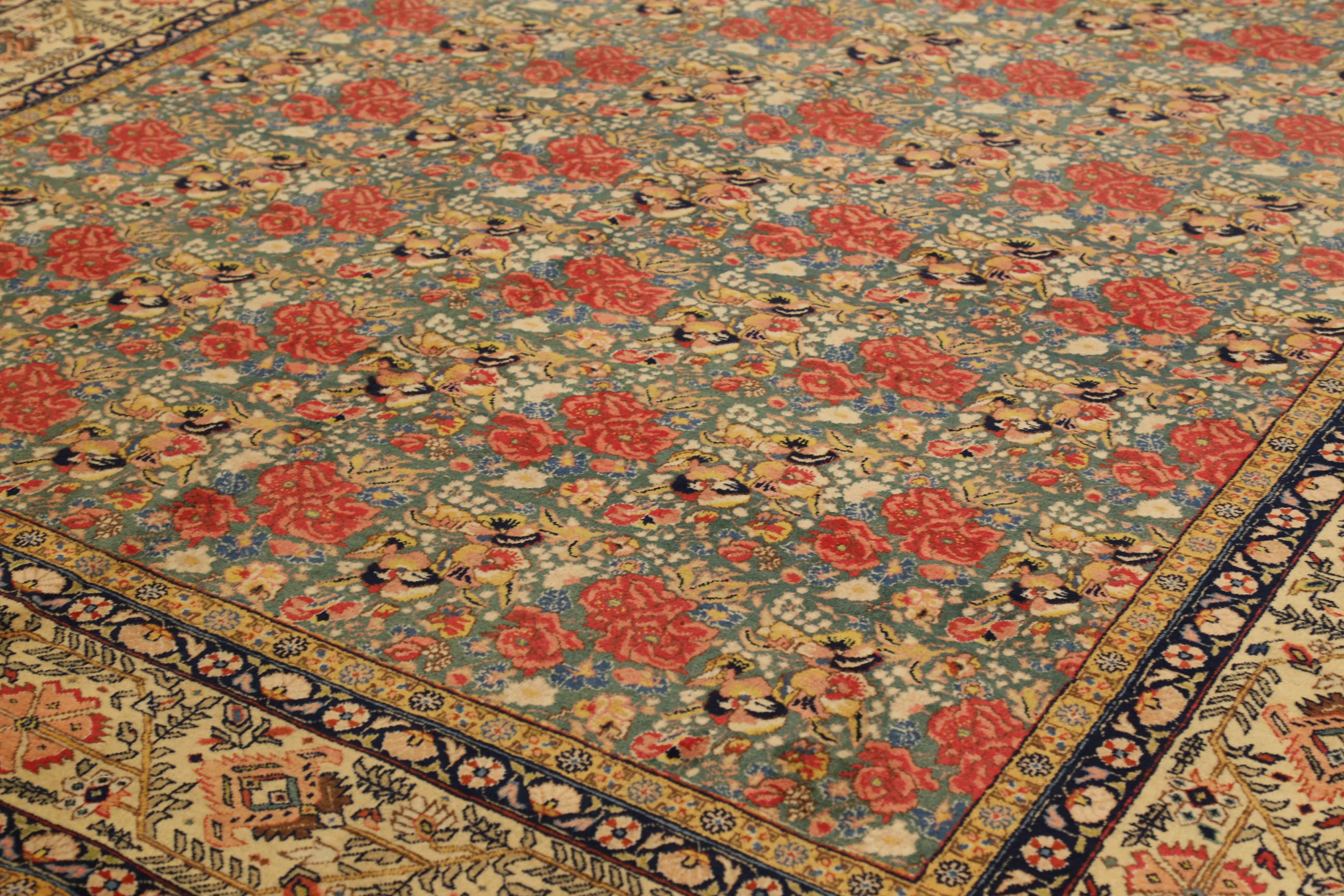 Hand-Knotted 1950s Antique Persian Rug Tabriz Design with Gold and Red Field of Roses Pattern For Sale