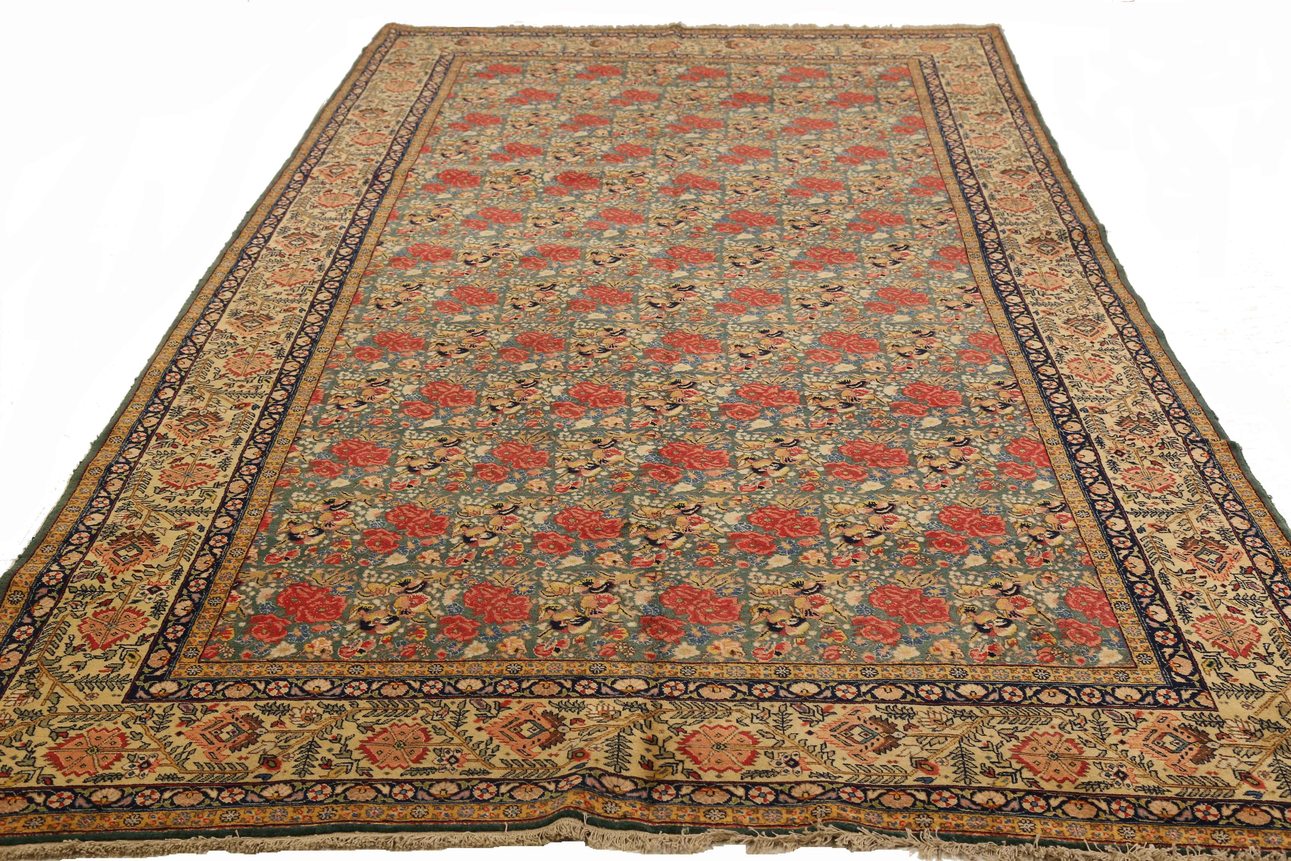 1950s Antique Persian Rug Tabriz Design with Gold and Red Field of Roses Pattern In Excellent Condition For Sale In Dallas, TX