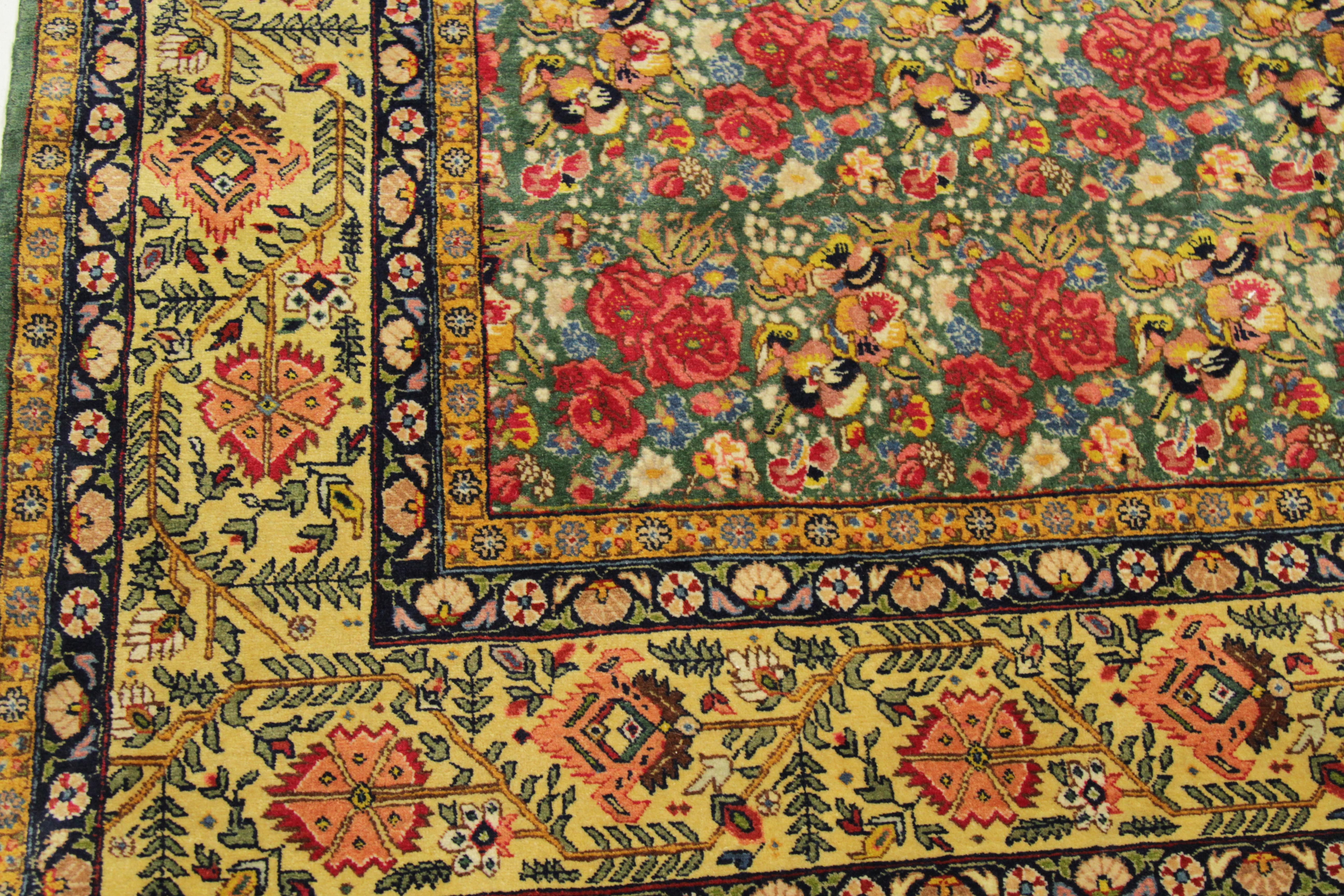 1950s Antique Persian Rug Tabriz Design with Gold and Red Field of Roses Pattern For Sale 2