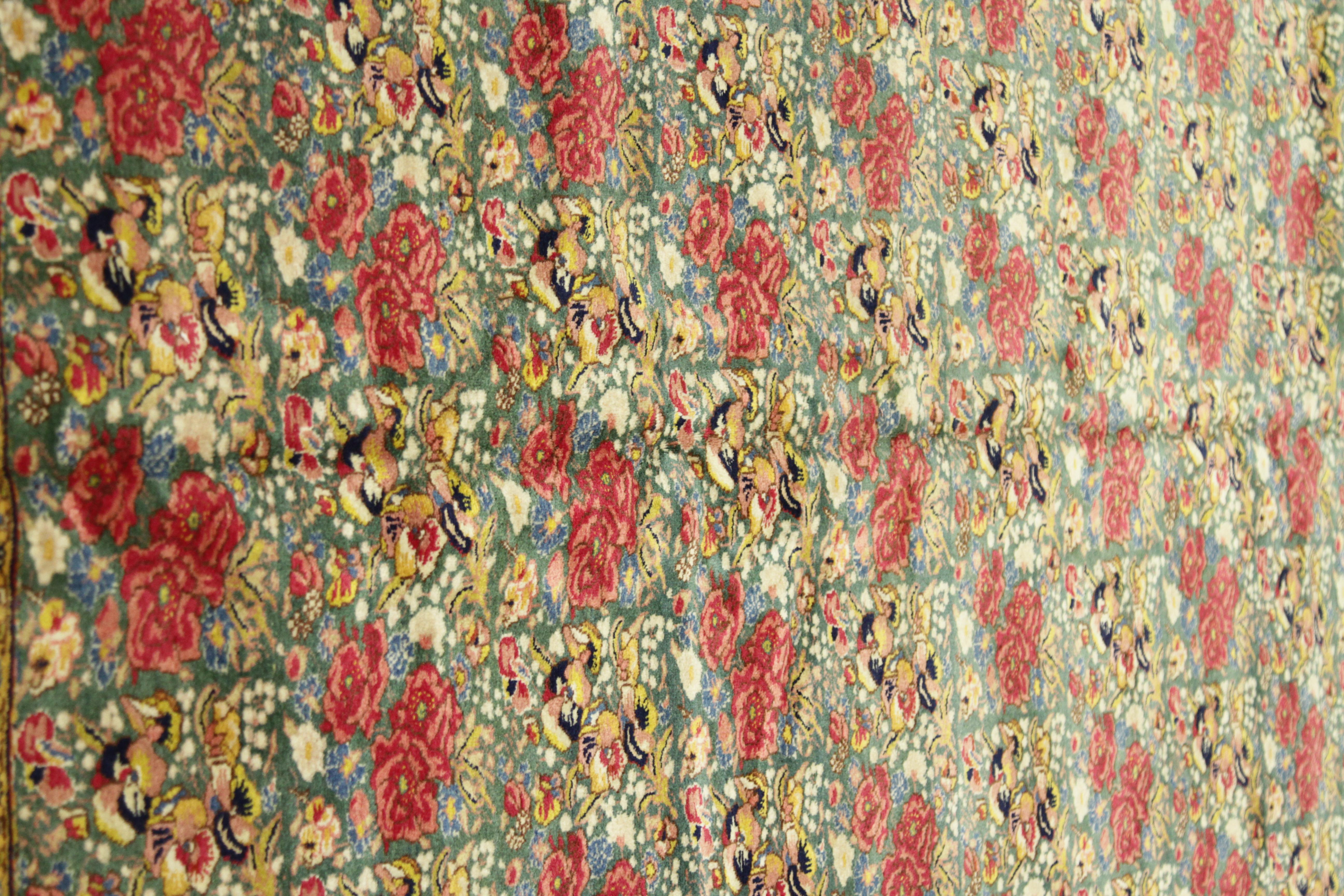 1950s Antique Persian Rug Tabriz Design with Gold and Red Field of Roses Pattern For Sale 3