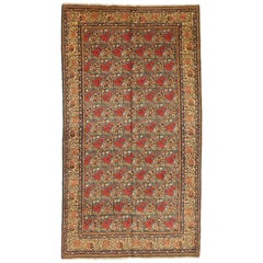 1950s Antique Persian Rug Tabriz Design with Gold and Red Field of Roses Pattern