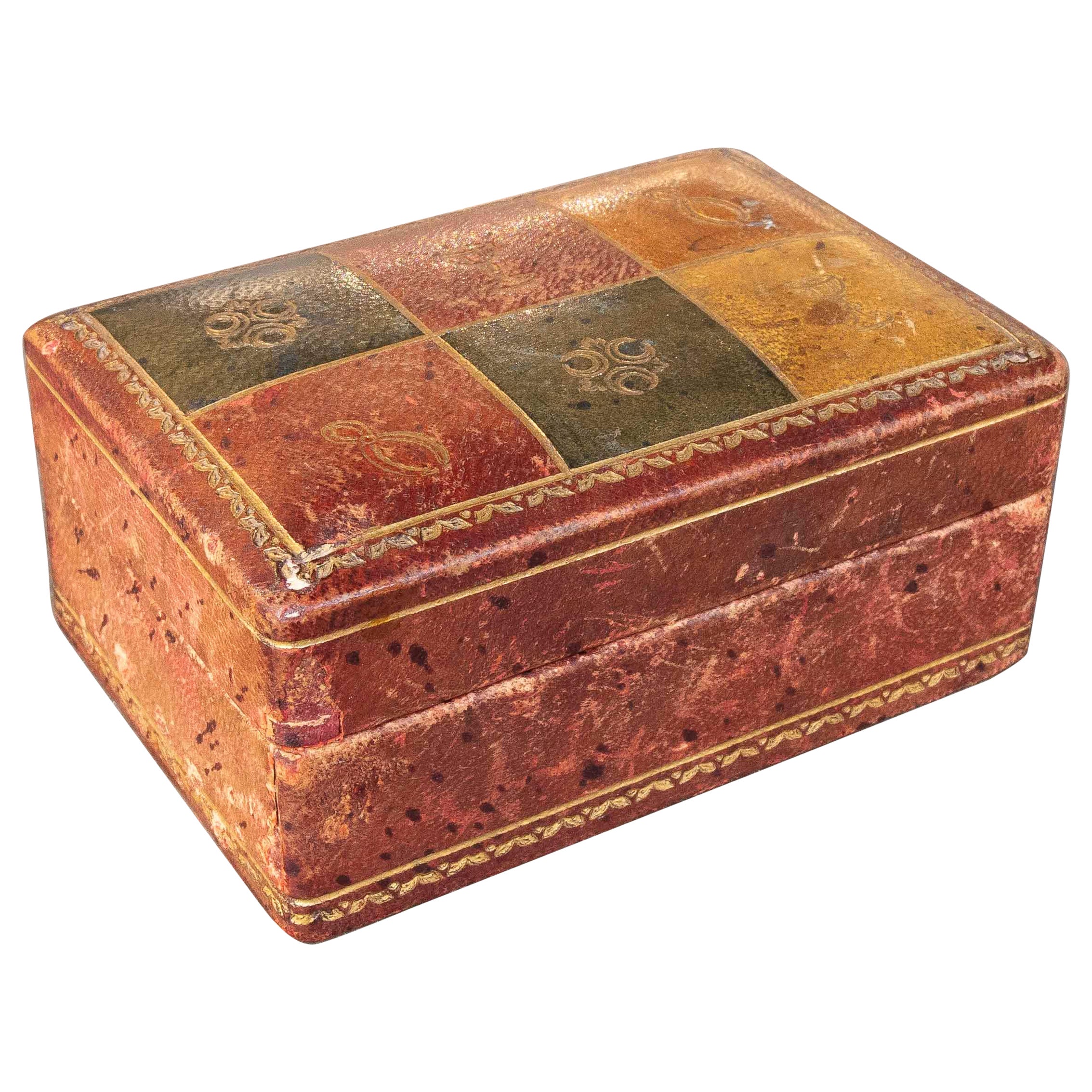 1950s Antique Polychrome Leather Box with Wooden Interior. Italy