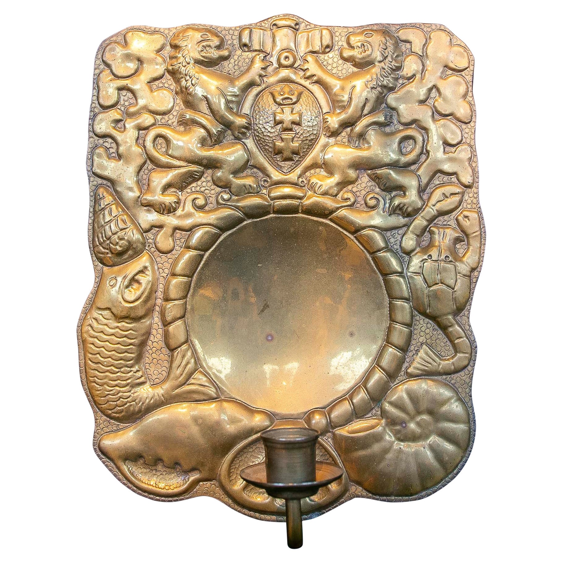 1950s Antique Repoussé Brass Wall Sconce with Shield, Lions and Tortoise