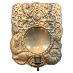 1950s Antique Repoussé Brass Wall Sconce with Shield, Lions and Tortoise