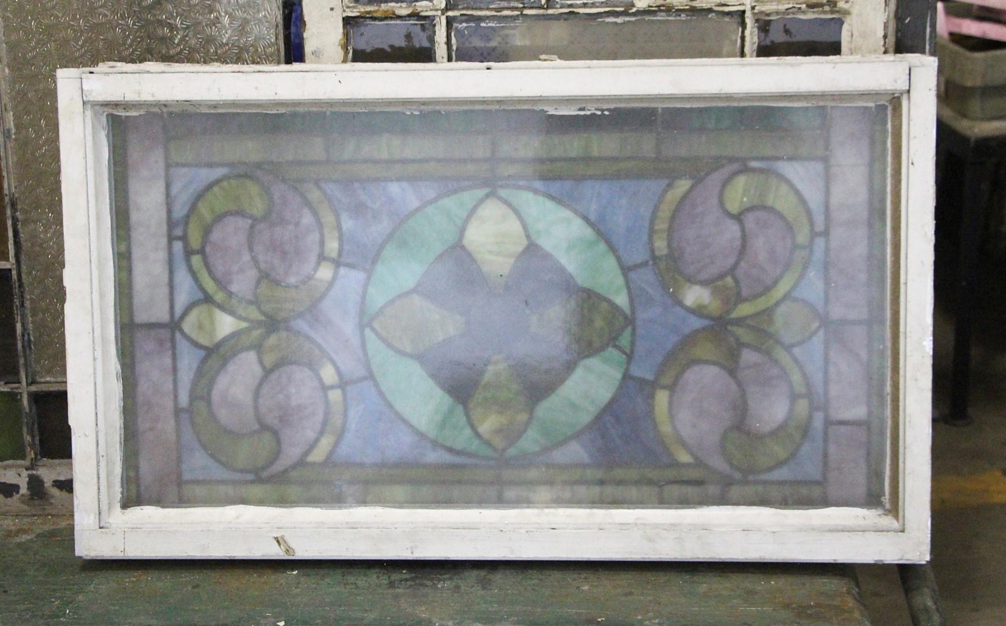 American 1950s Antique Stained Glass Window with Aluminum Frame Done in Blue and Green