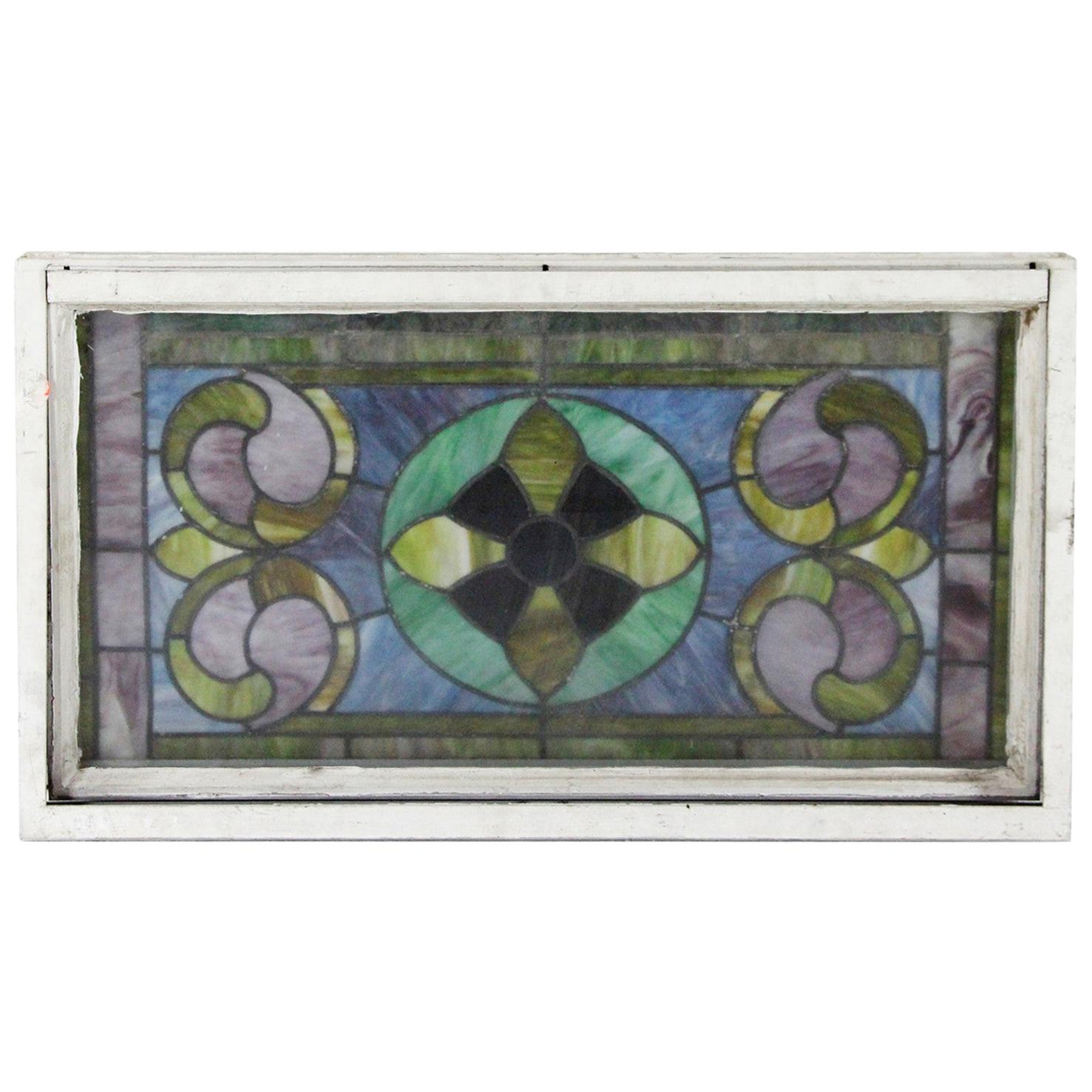 1950s Antique Stained Glass Window with Aluminum Frame Done in Blue and Green
