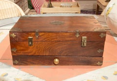 1950s Antique Wooden Box with Brass Fittings and Bottom Drawer