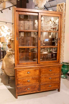 1950s Antique Wooden Display Cabinet with Sliding Doors and Six Drawers