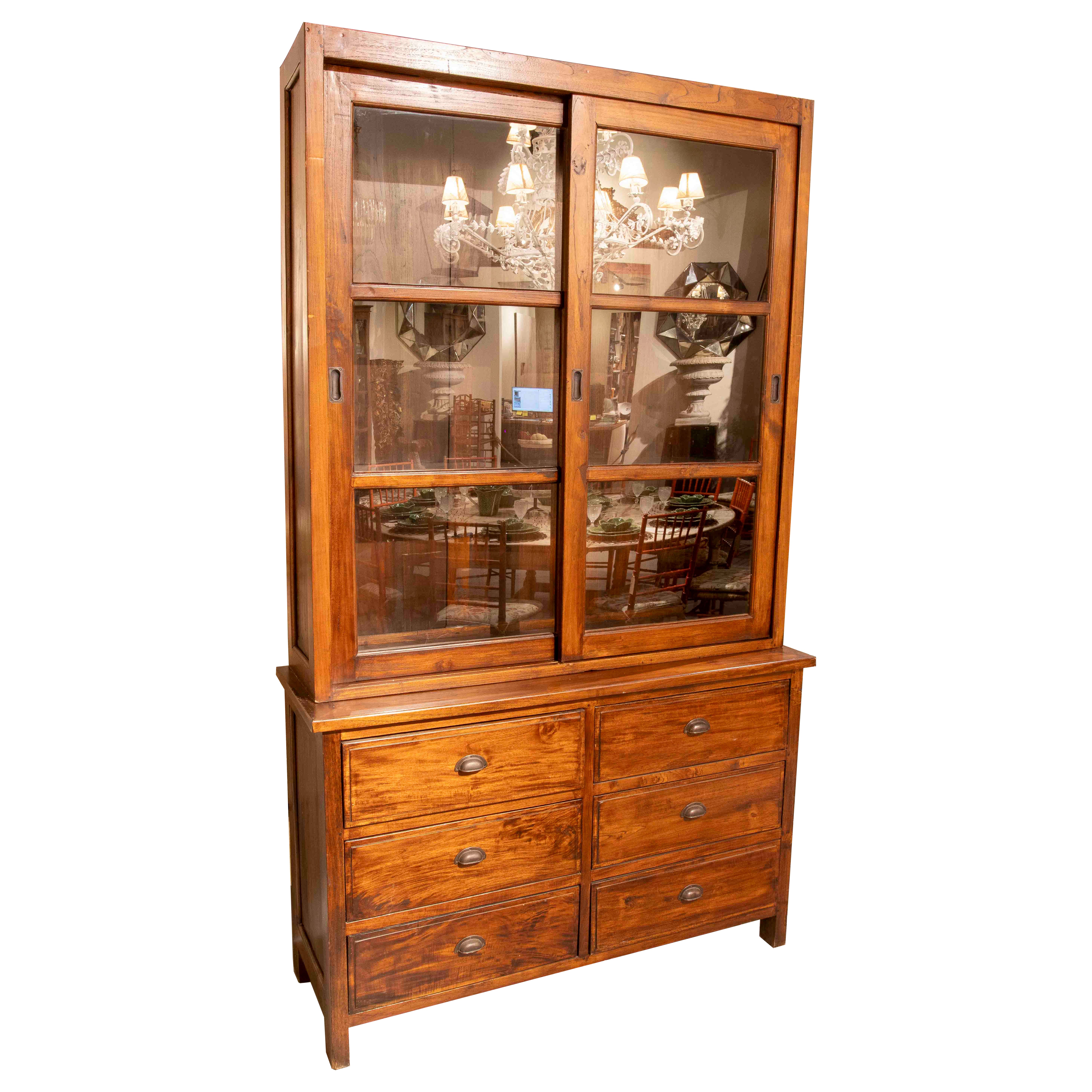 1950s Antique Wooden Display Cabinet with Sliding Doors and Six Drawers For Sale