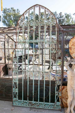 1950s Antique Wrought Iron Gate with Arch and Green Patina