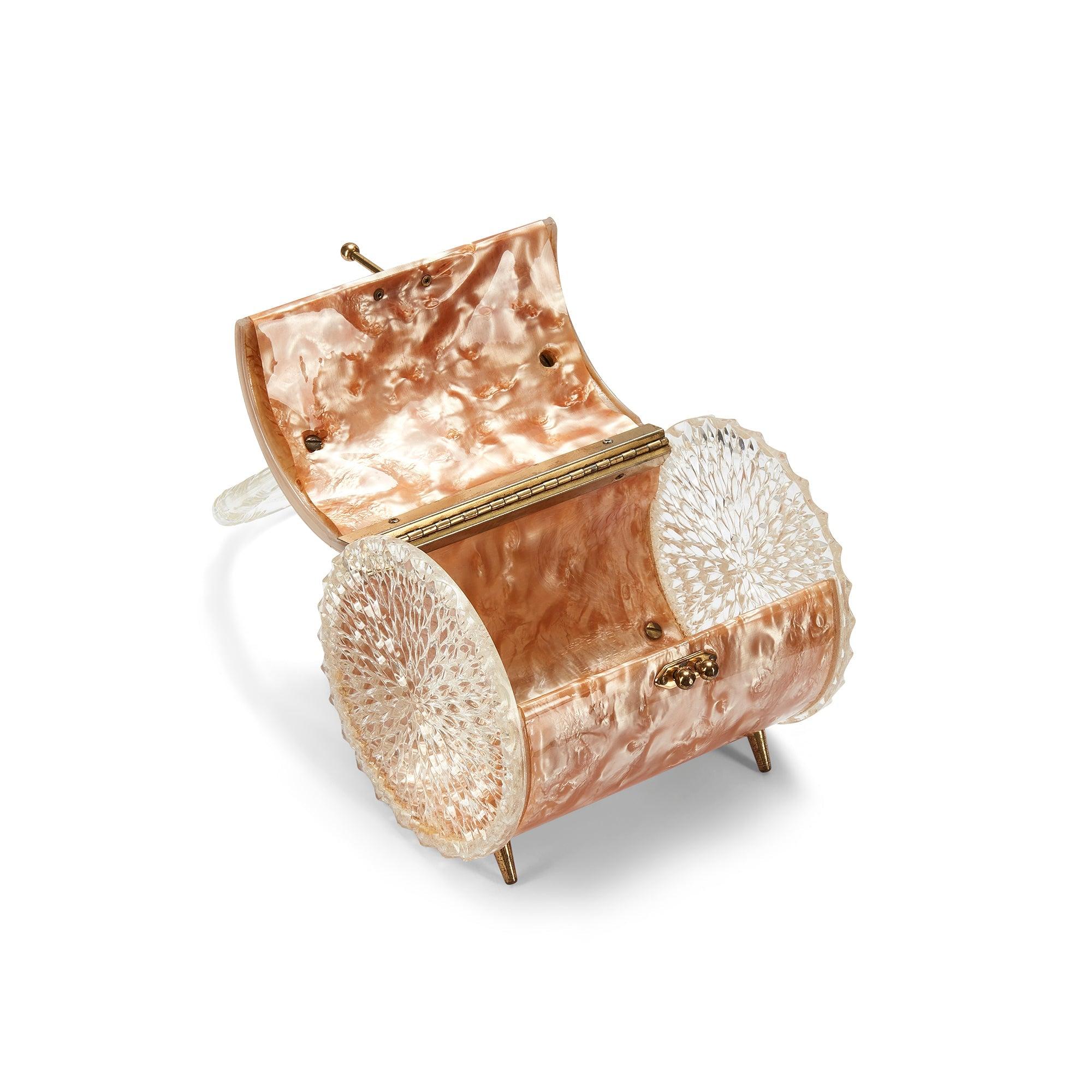 Orange 1950s Apricot and Clear Carved Lucite Barrel Florida Bag For Sale