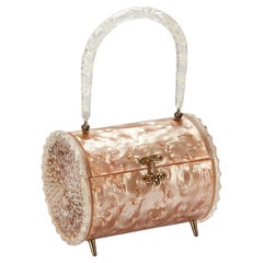Vintage 1950s Apricot and Clear Carved Lucite Barrel Florida Bag