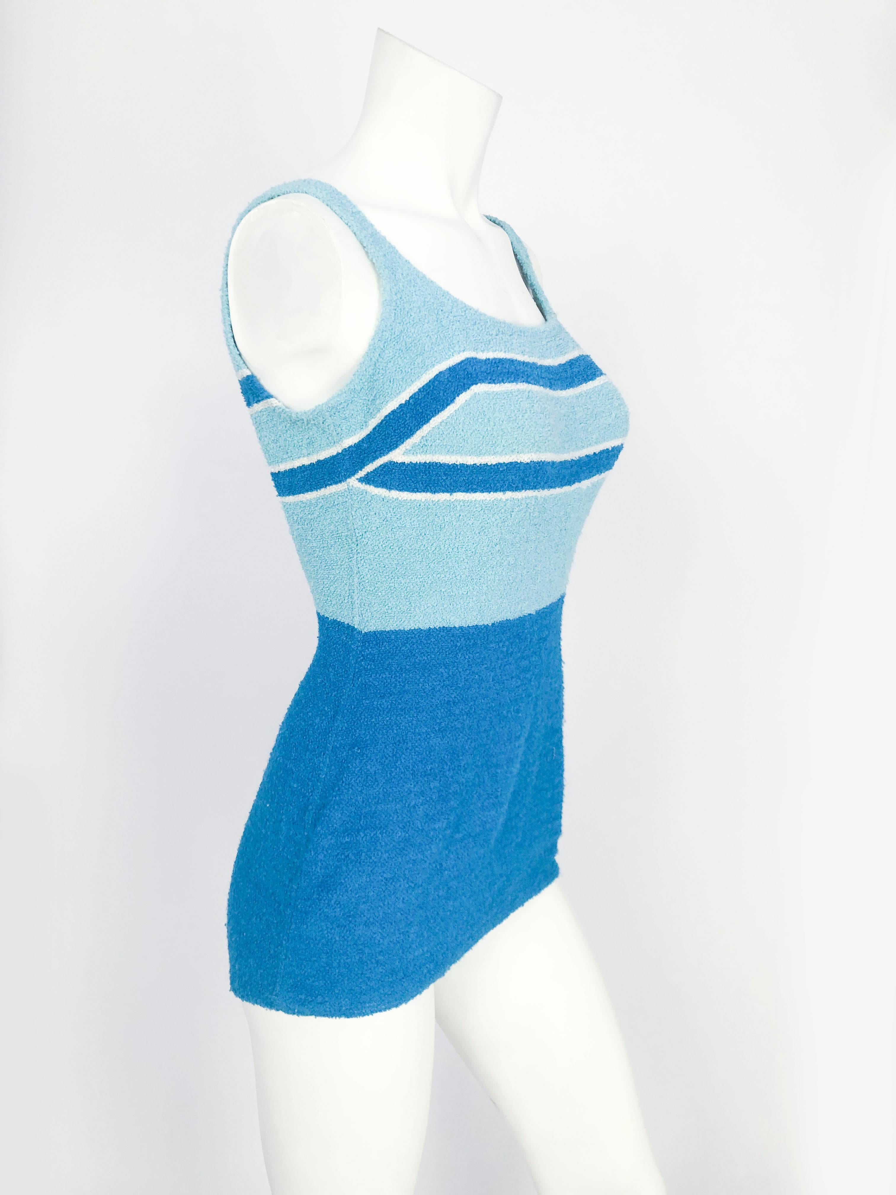 1950s Aqua and Light Blue Terry cloth Swimsuit with color blocking motif, built-in bra, and a backless structure.