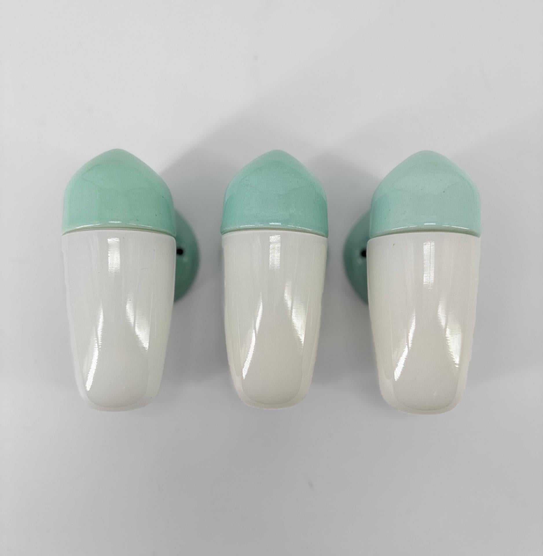 Mid-Century Modern 1950's Aqua Blue Porcelain Sconce Lamps by Wilhelm Wagenfeld For Lindner For Sale