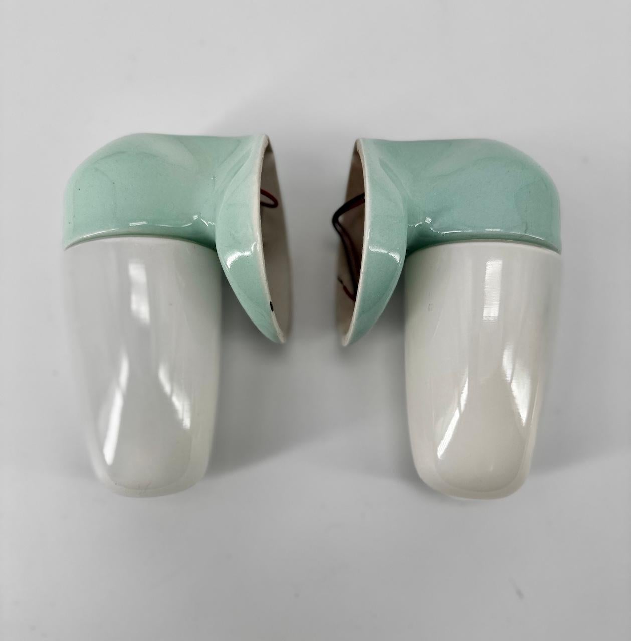 1950's Aqua Blue Porcelain Sconce Lamps by Wilhelm Wagenfeld For Lindner In Good Condition For Sale In Crespières, FR
