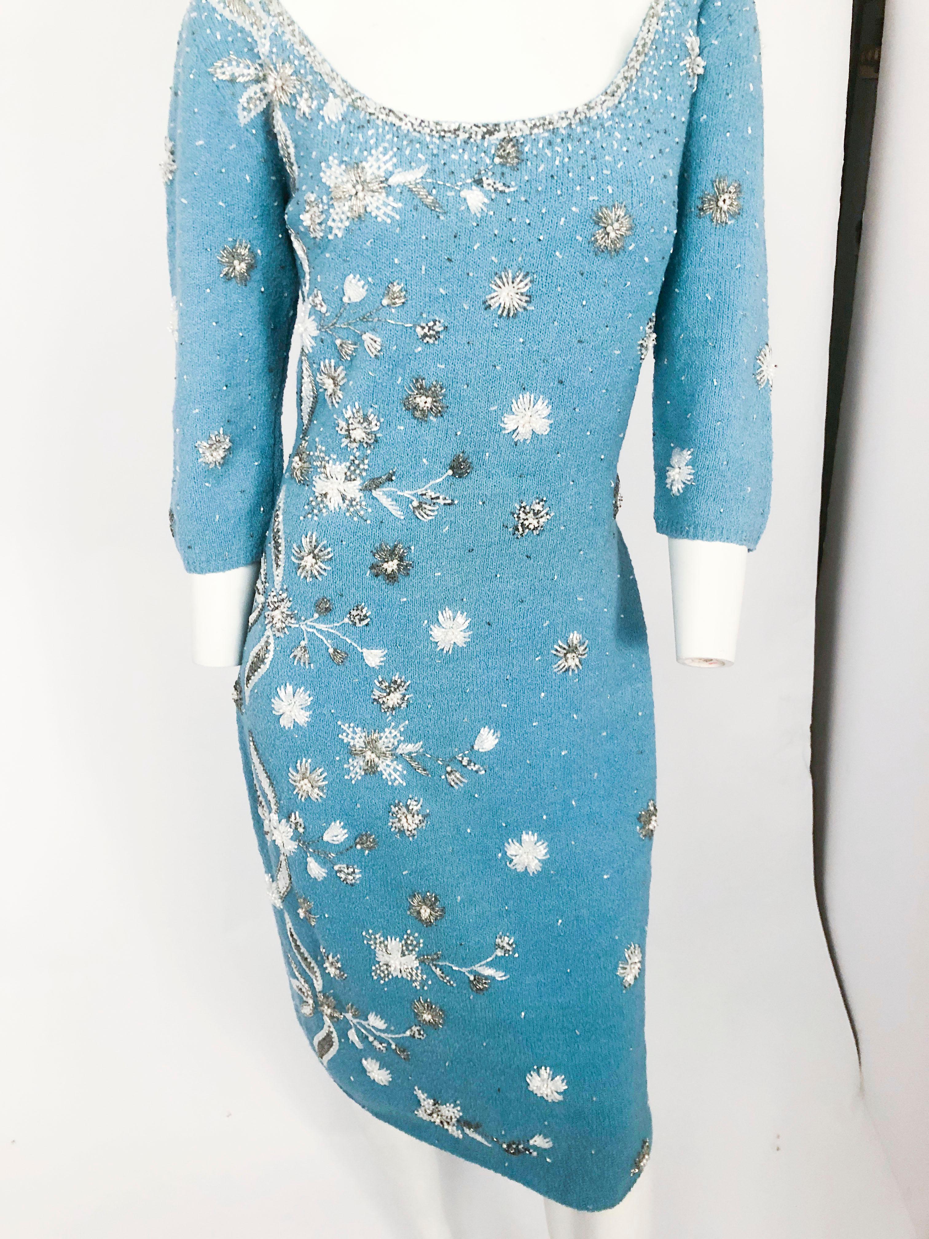Blue 1950s Aqua Knit Dress with Hand Beading Accents For Sale