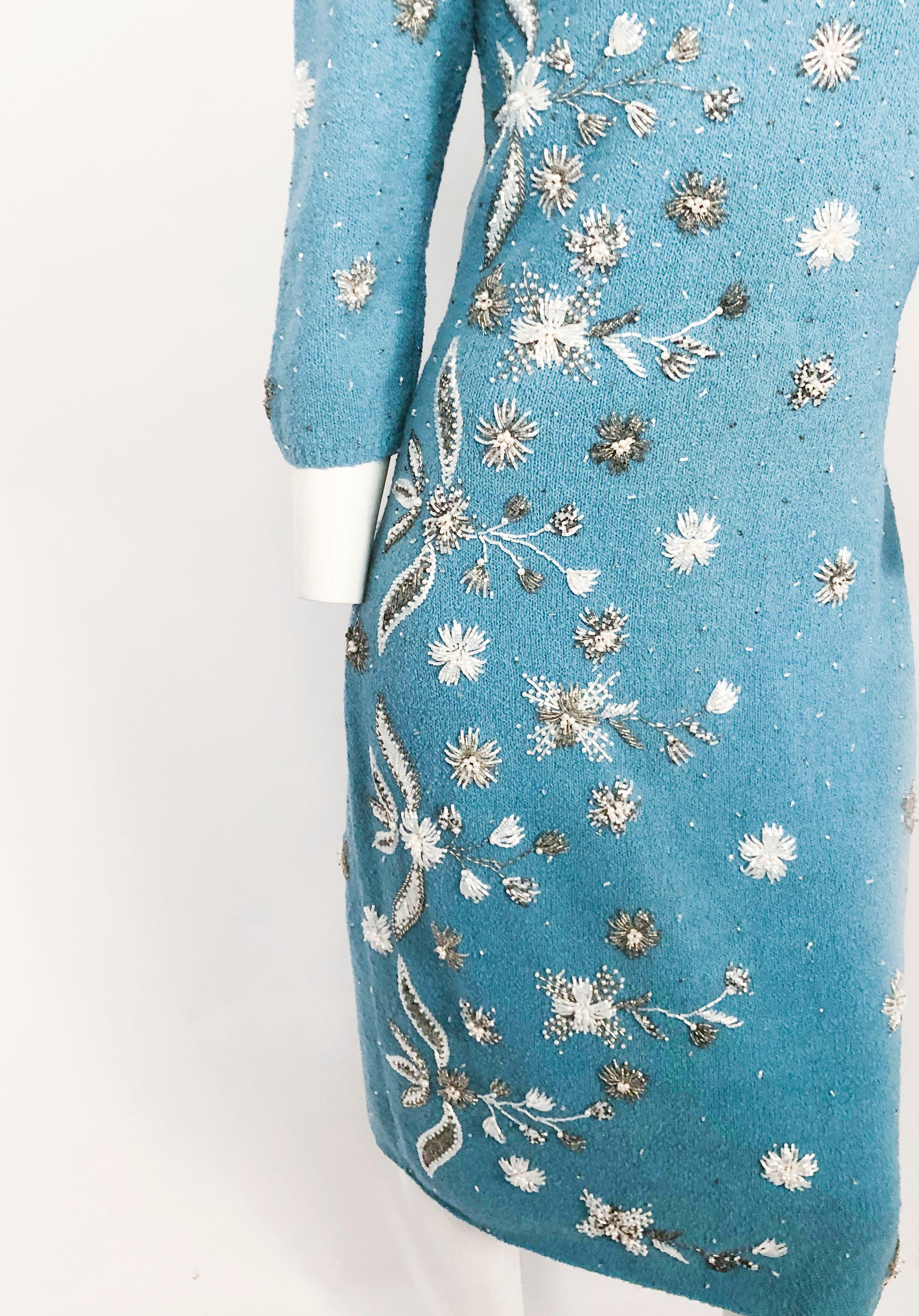 1950s Aqua Knit Dress with Hand Beading Accents In Good Condition For Sale In San Francisco, CA