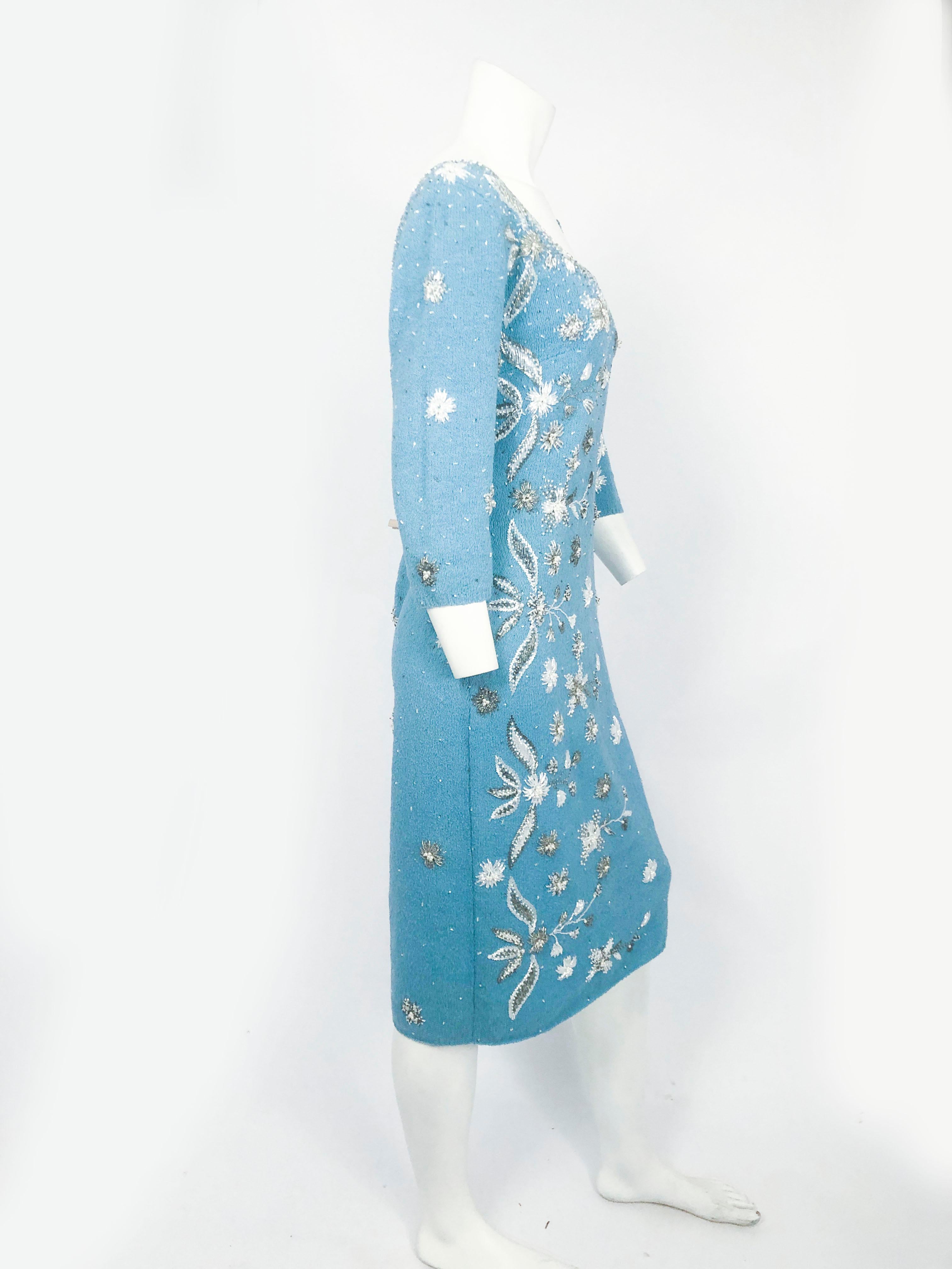 1950s Aqua Knit Dress with Hand Beading Accents For Sale 1