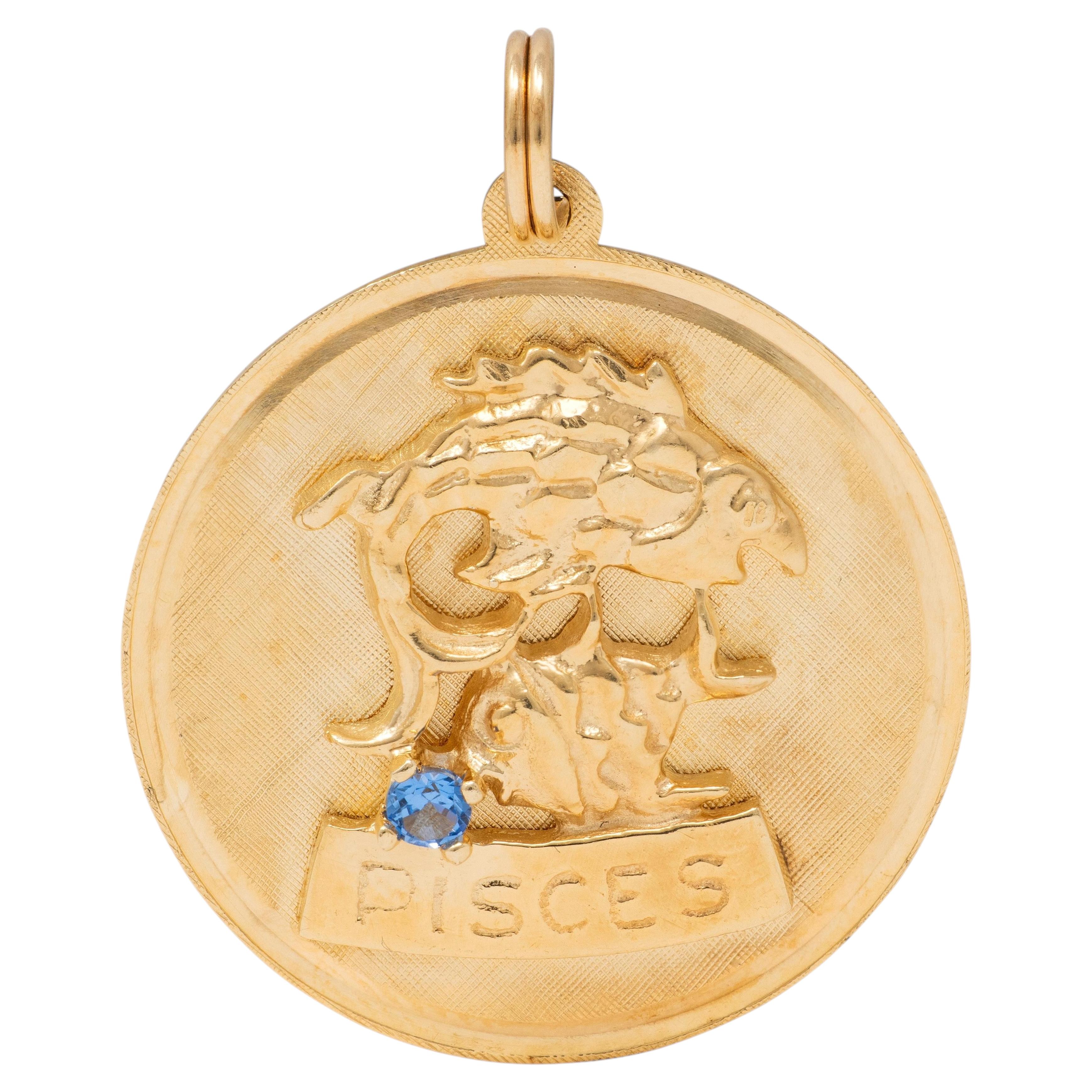 1950's Aquamarine 14 Karat Yellow Gold Vintage Pisces Zodiac Charm For Sale