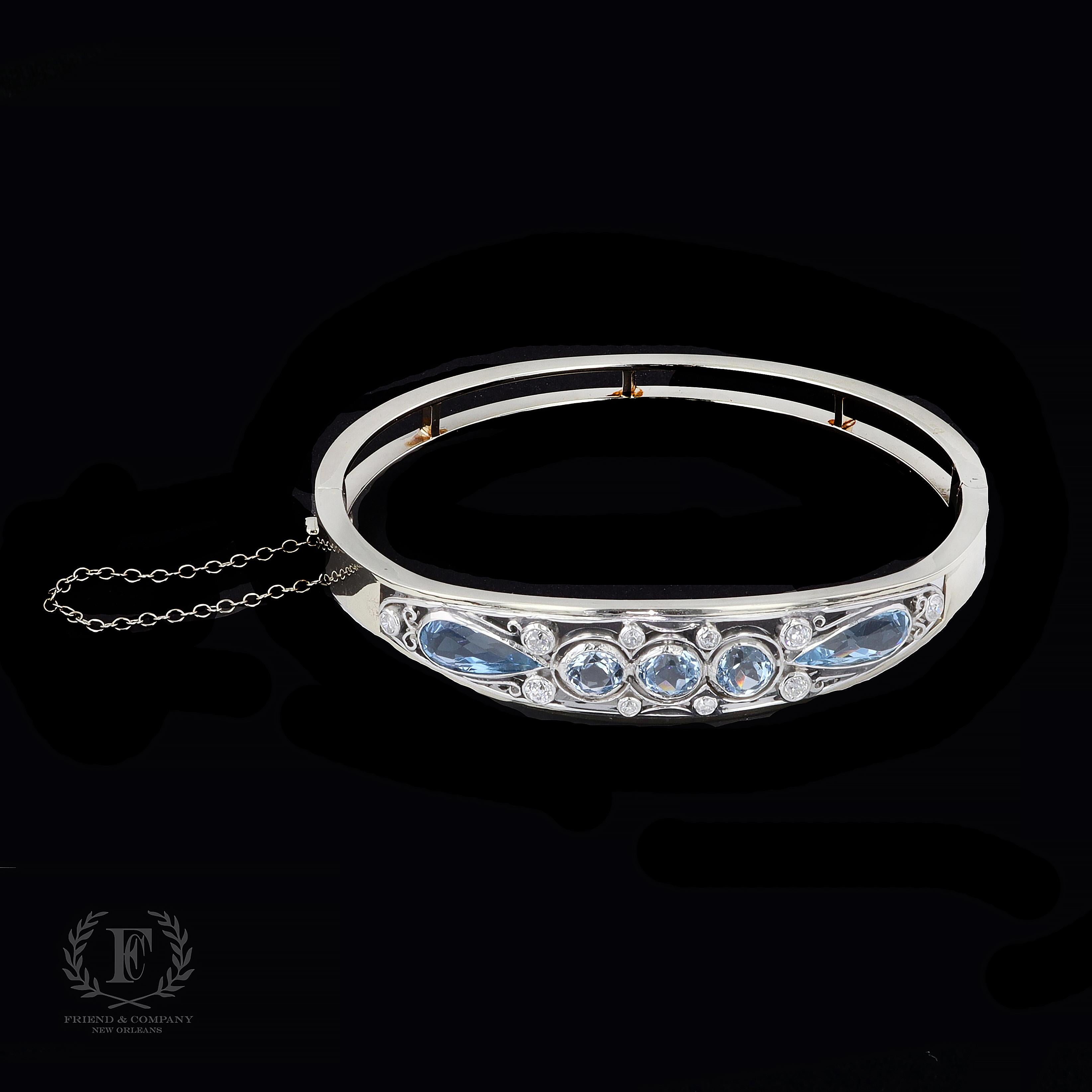 Romantic 1950s Aquamarine and Diamond Bangle Bracelet For Sale