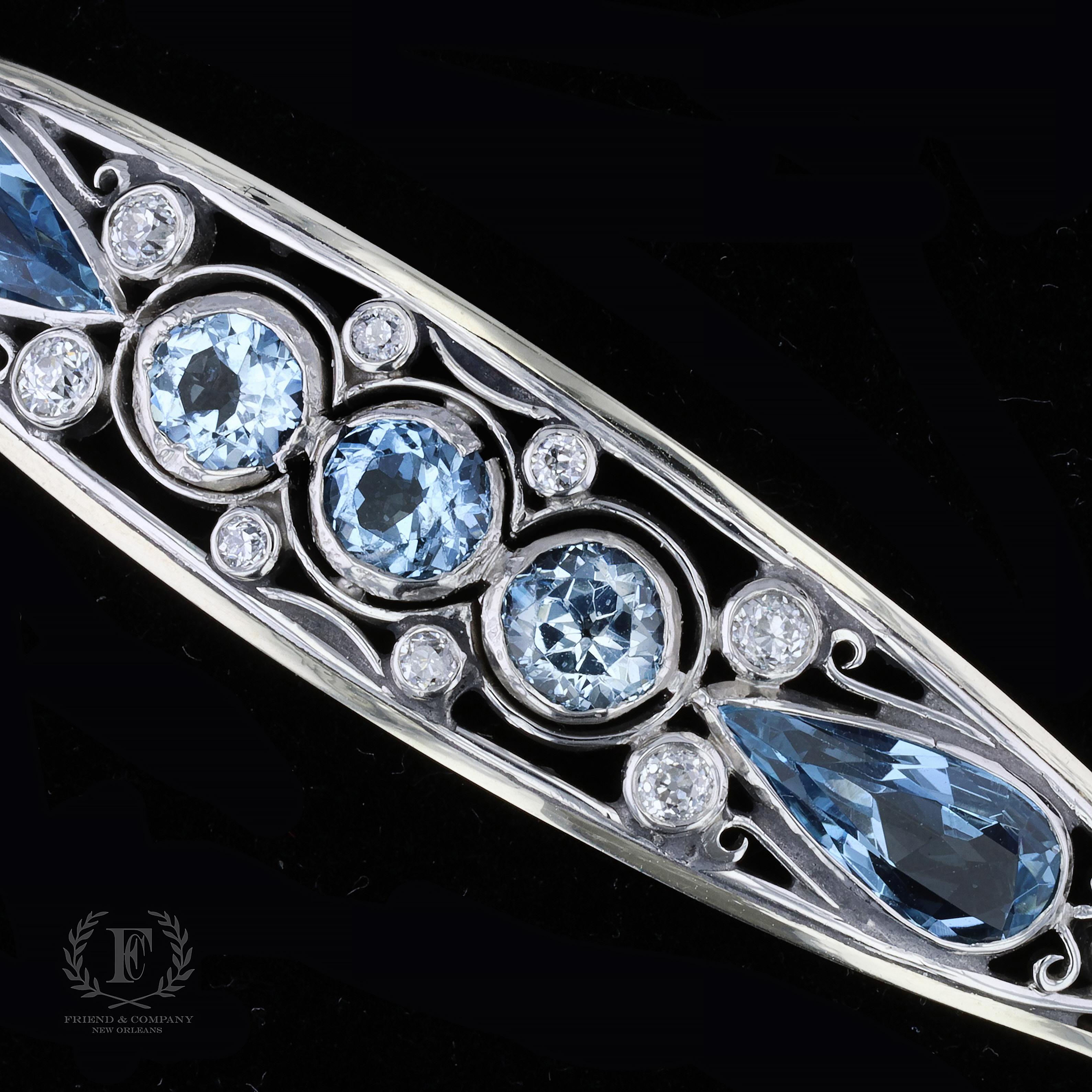 Pear Cut 1950s Aquamarine and Diamond Bangle Bracelet For Sale