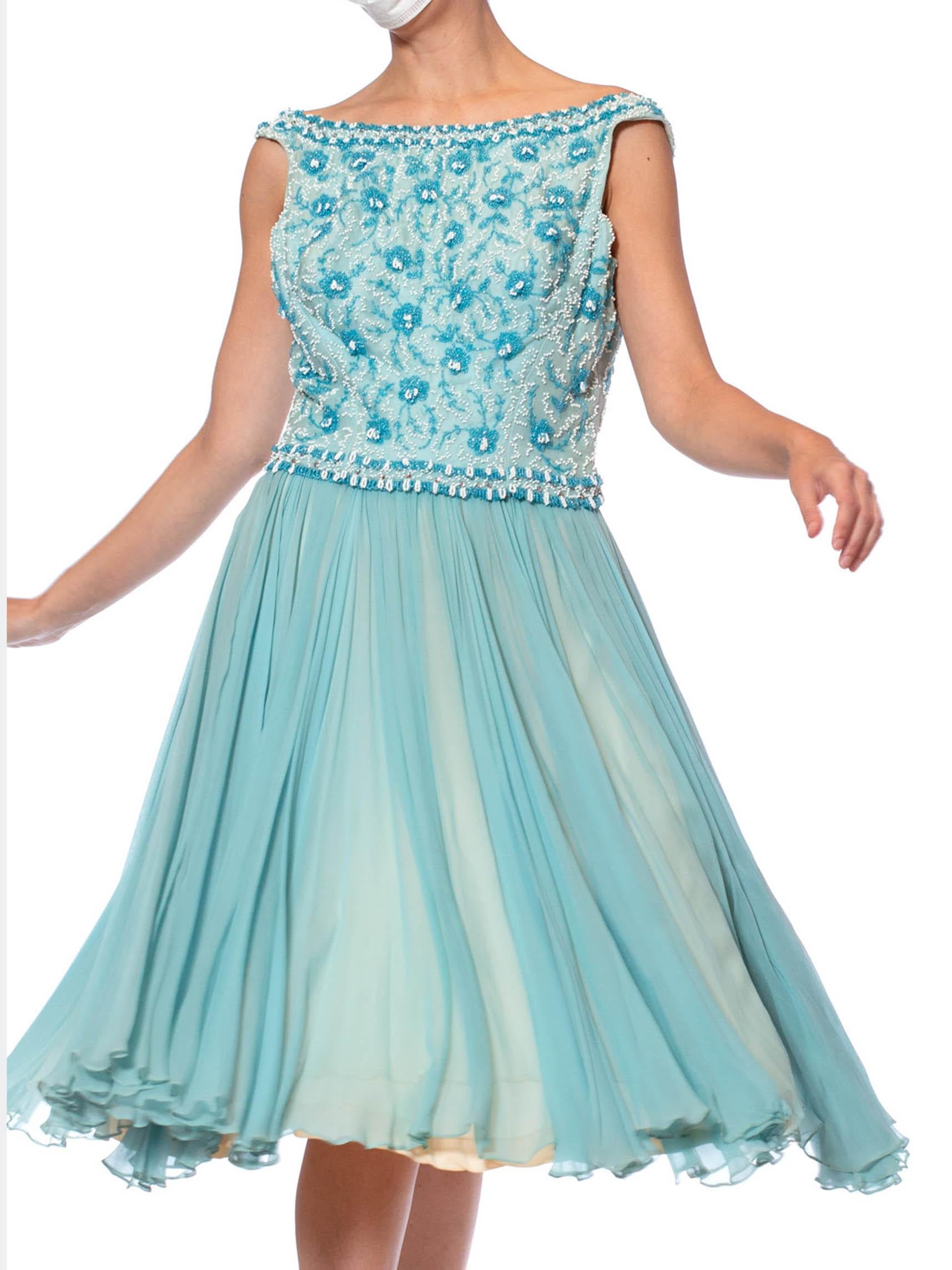 1950S Aquamarine Blue Silk Chiffon Beaded Party Cocktail Dress For Sale 4