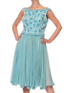 1950S Aquamarine Blue Silk Chiffon Beaded Party Cocktail Dress