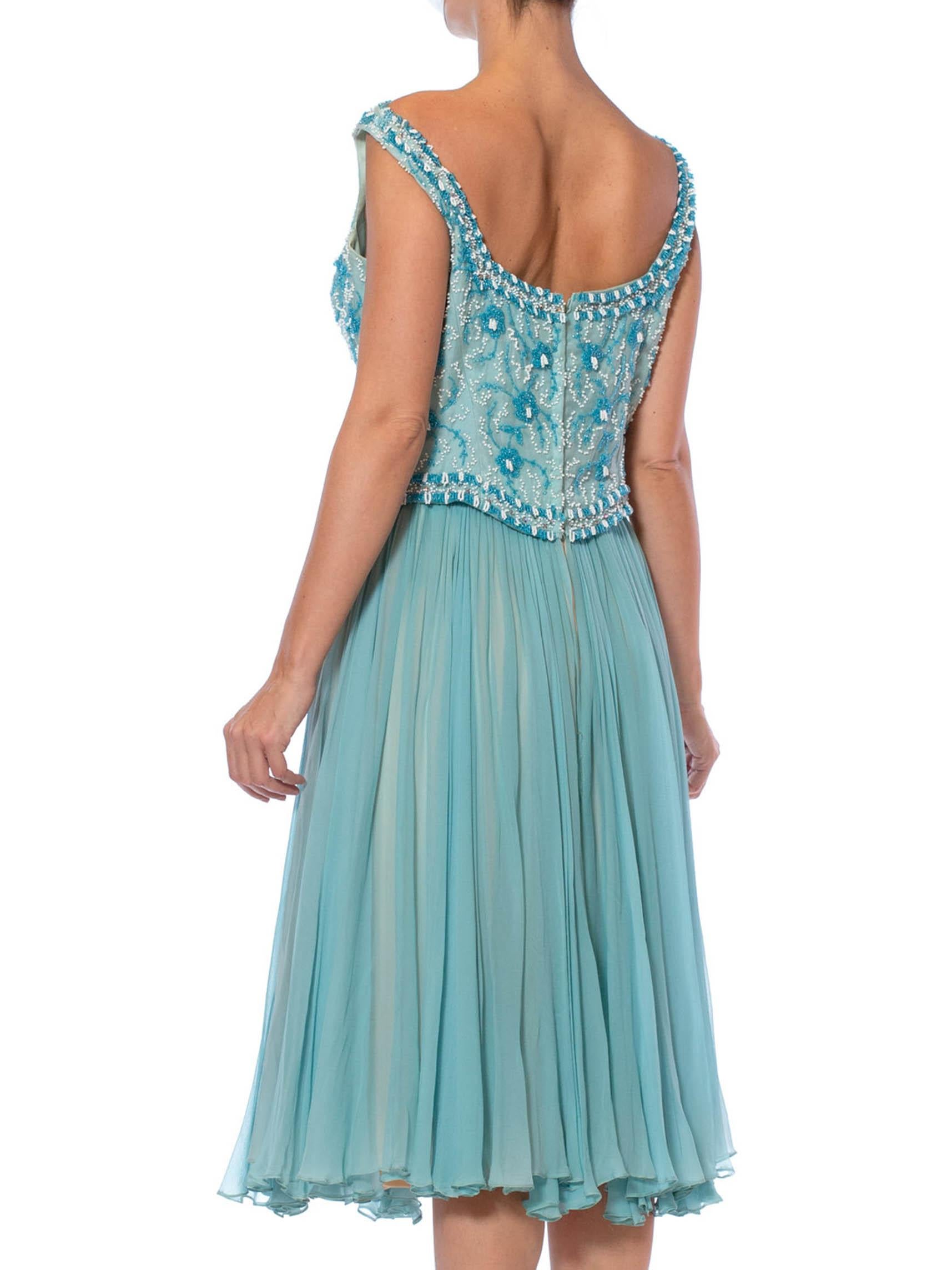 1950S Aquamarine Blue Silk Chiffon Beaded Party Cocktail Dress In Excellent Condition For Sale In New York, NY