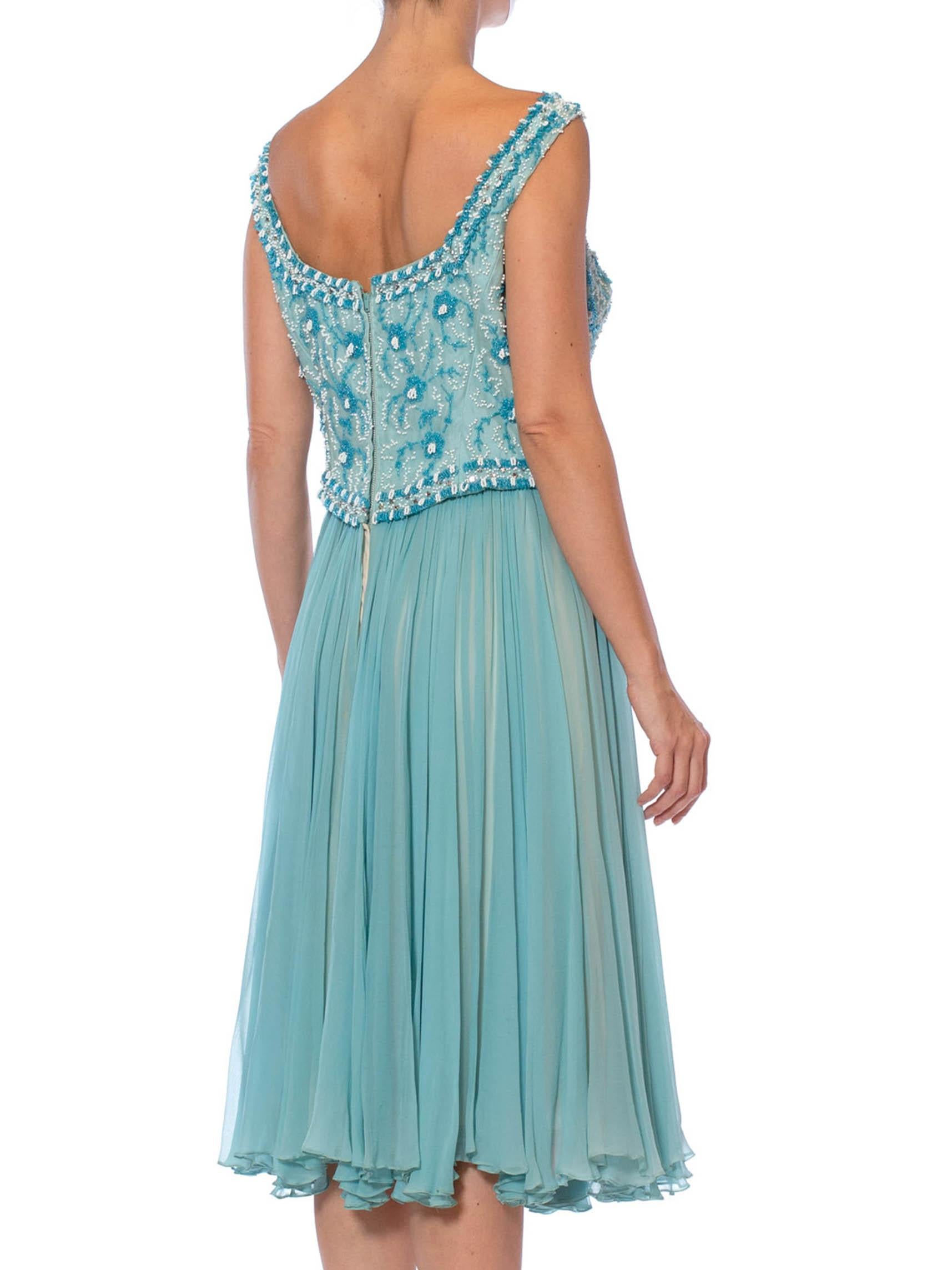 1950S Aquamarine Blue Silk Chiffon Beaded Party Cocktail Dress For Sale 2