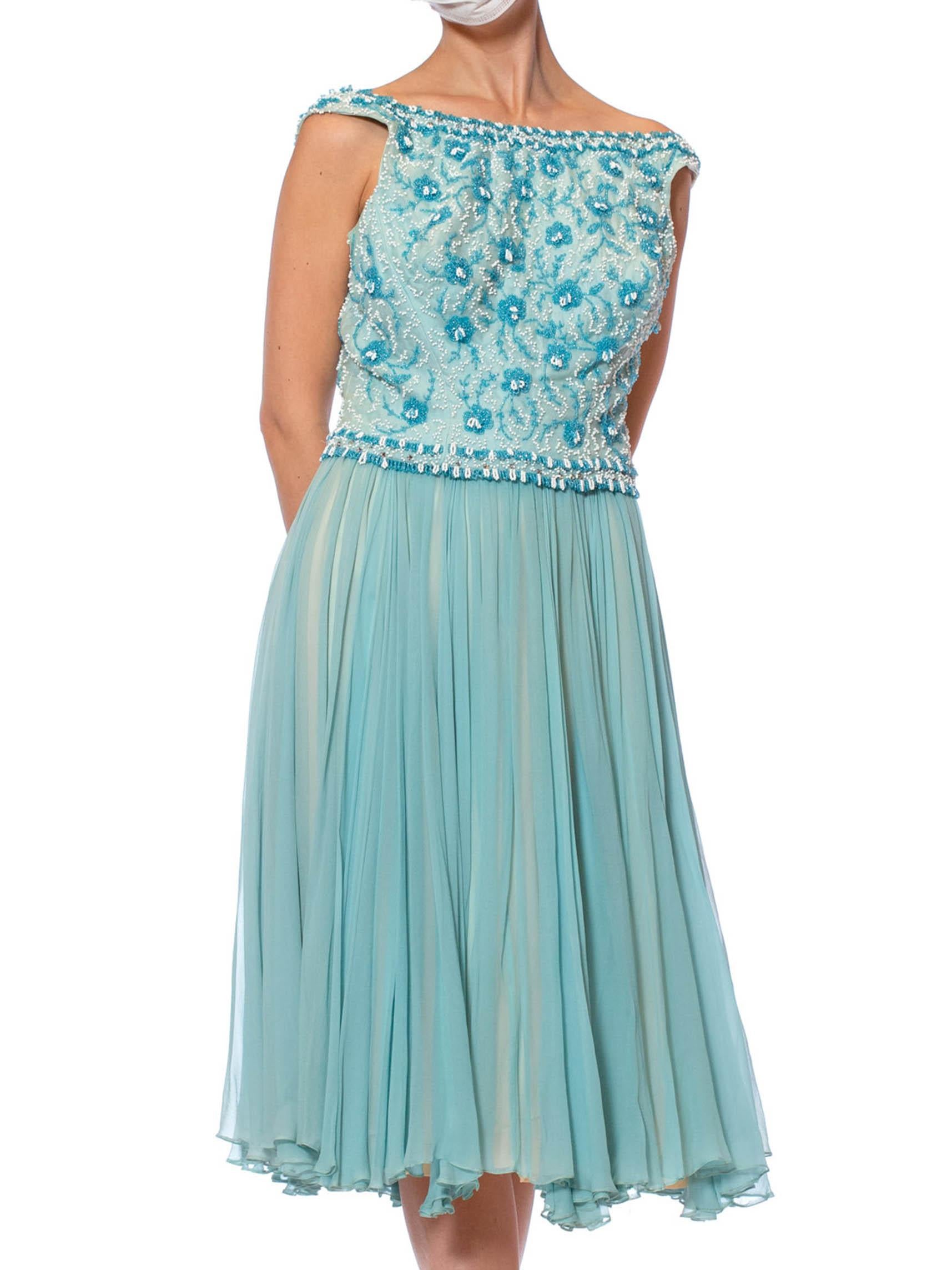 1950S Aquamarine Blue Silk Chiffon Beaded Party Cocktail Dress For Sale 3