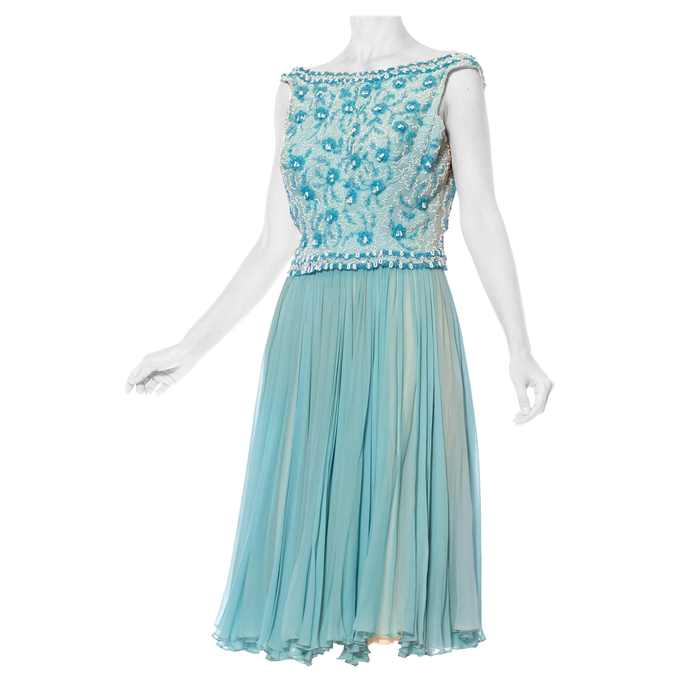 1950S Aquamarine Blue Silk Chiffon Beaded Party Cocktail Dress
