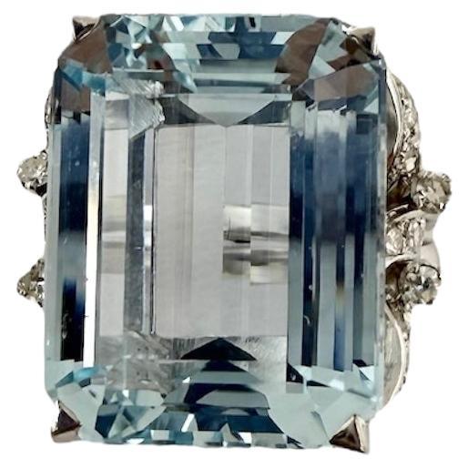 1950s Aquamarine Diamond 18k White Gold Cocktail Ring