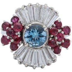 1950s Aquamarine, Ruby with Baguette Diamonds, White Gold Ballerina Fancy Ring
