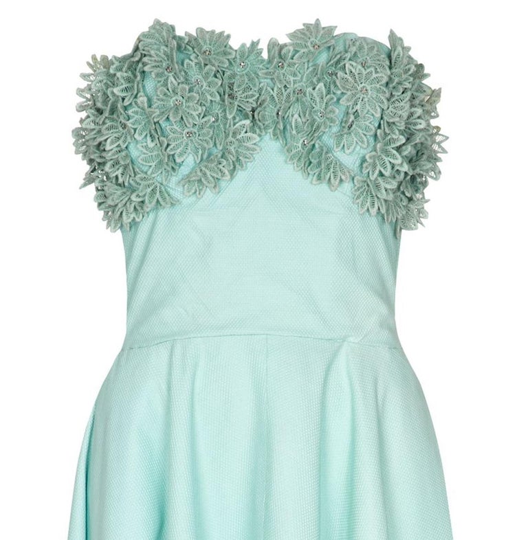 Blue 1950s Aquamarine Textured Cotton Dress With Floral Rhinestone Applique For Sale