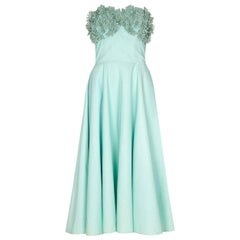 1950s Aquamarine Textured Cotton Dress With Floral Rhinestone Applique
