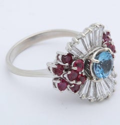 1950s Aquamarine, Ruby with Baguette Diamonds, White Gold Ballerina Fancy Ring
