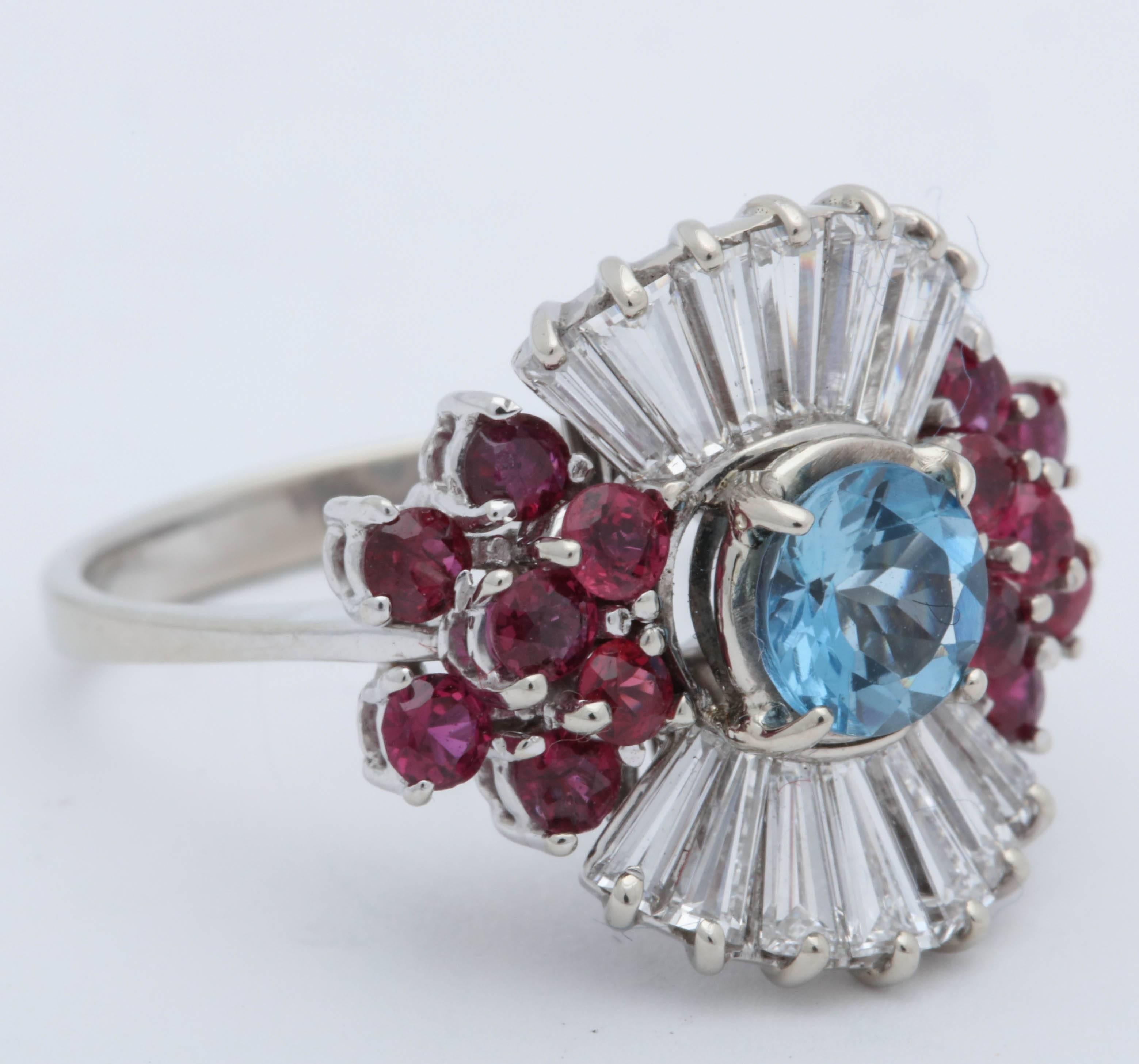 Baguette Cut 1950s Aquamarine, Ruby with Baguette Diamonds, White Gold Ballerina Fancy Ring For Sale