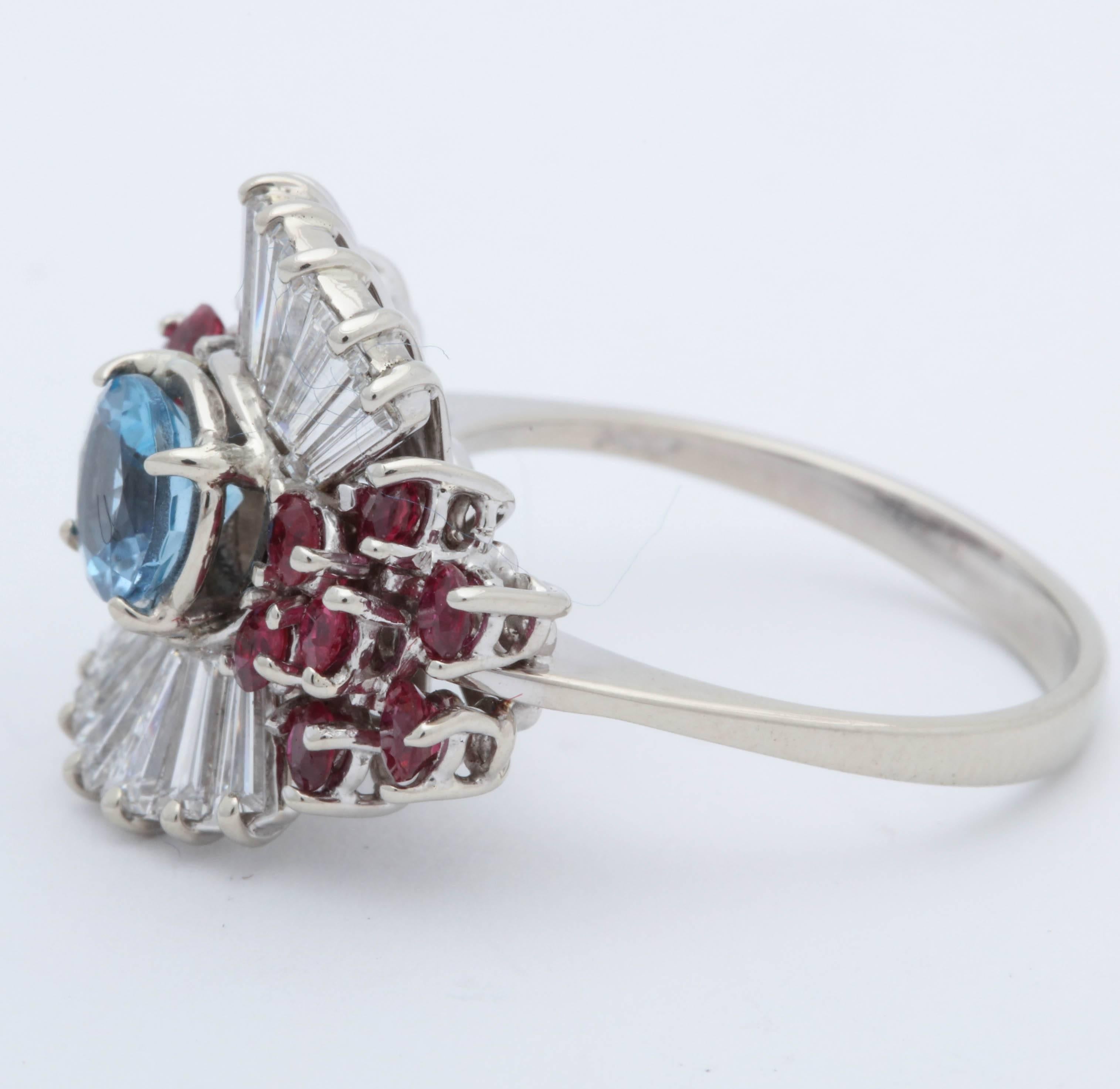 1950s Aquamarine, Ruby with Baguette Diamonds, White Gold Ballerina Fancy Ring In Excellent Condition For Sale In New York, NY