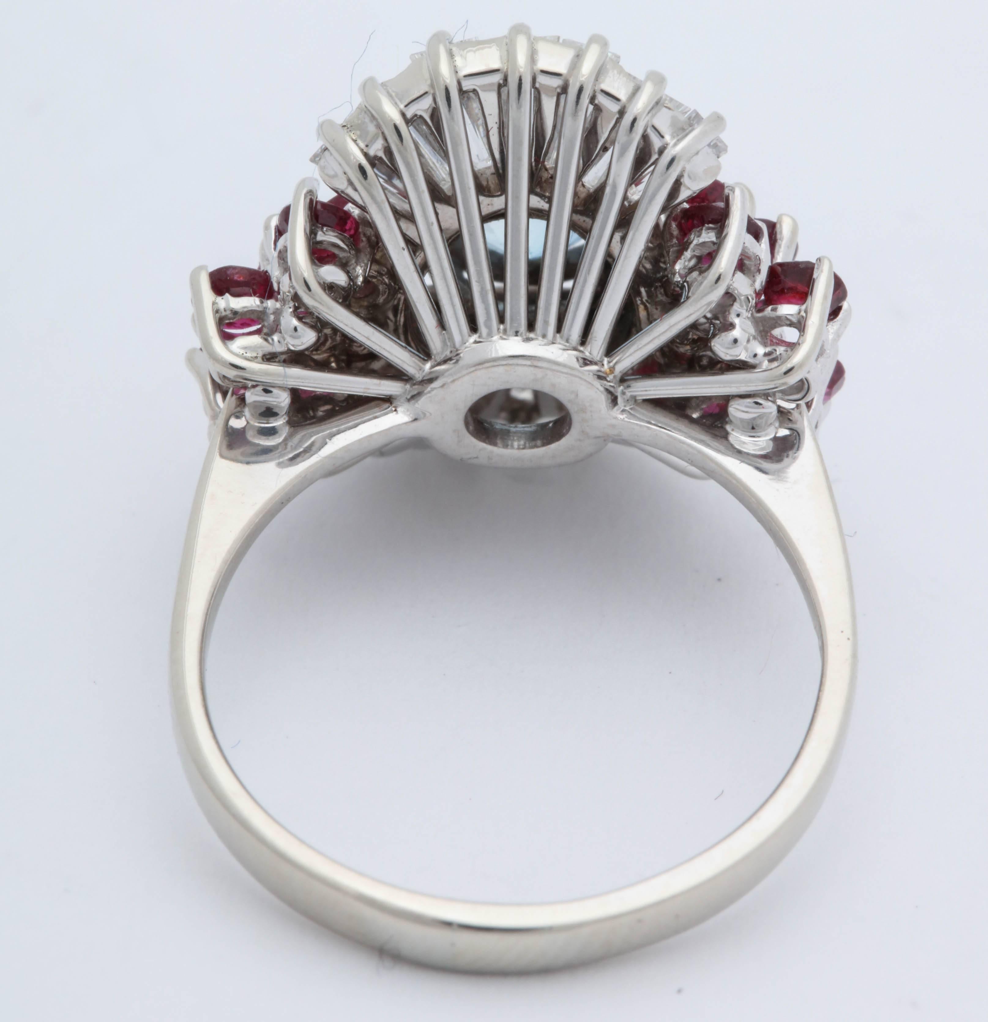 Women's 1950s Aquamarine, Ruby with Baguette Diamonds, White Gold Ballerina Fancy Ring For Sale