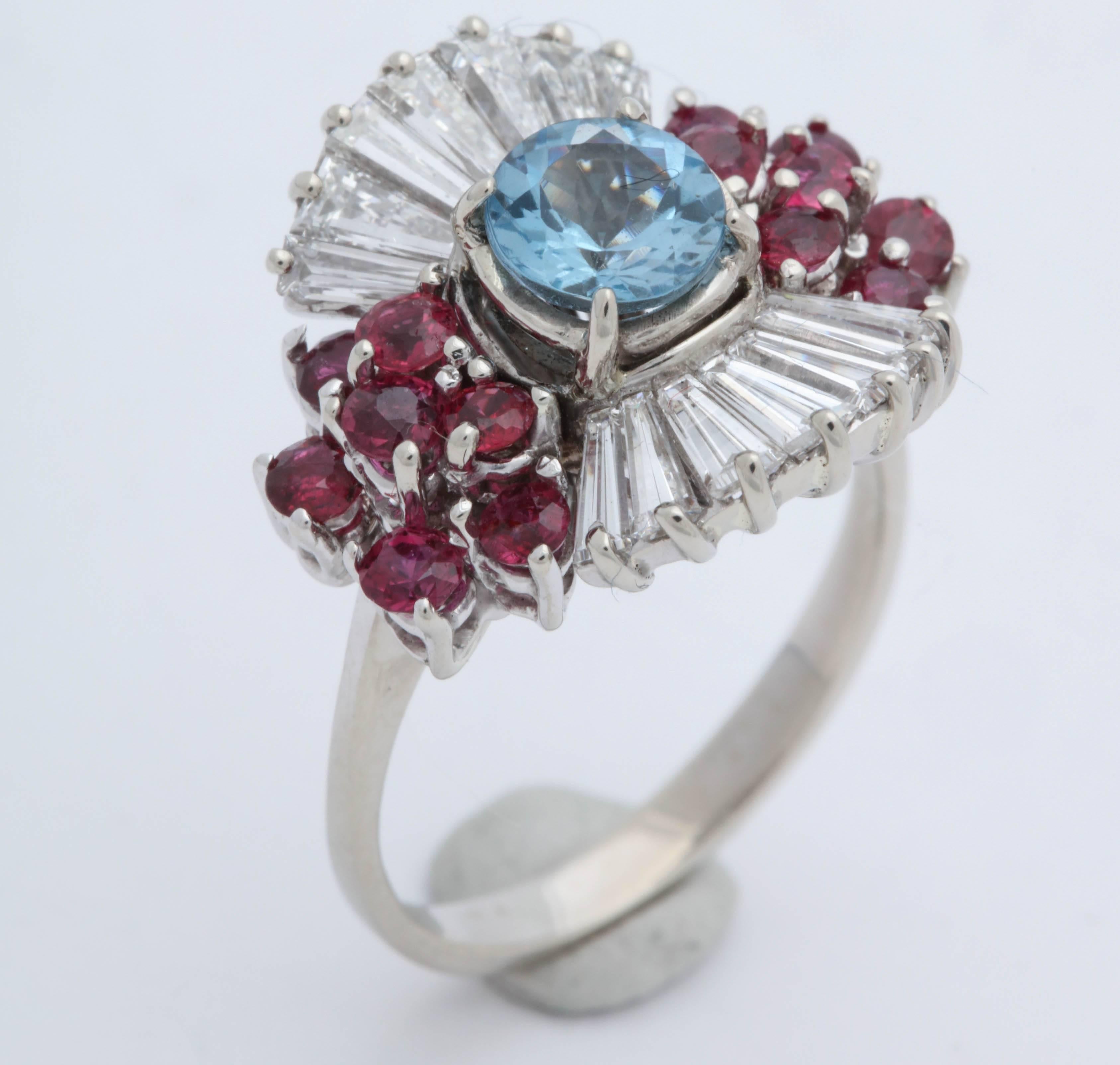 1950s Aquamarine, Ruby with Baguette Diamonds, White Gold Ballerina Fancy Ring For Sale 1