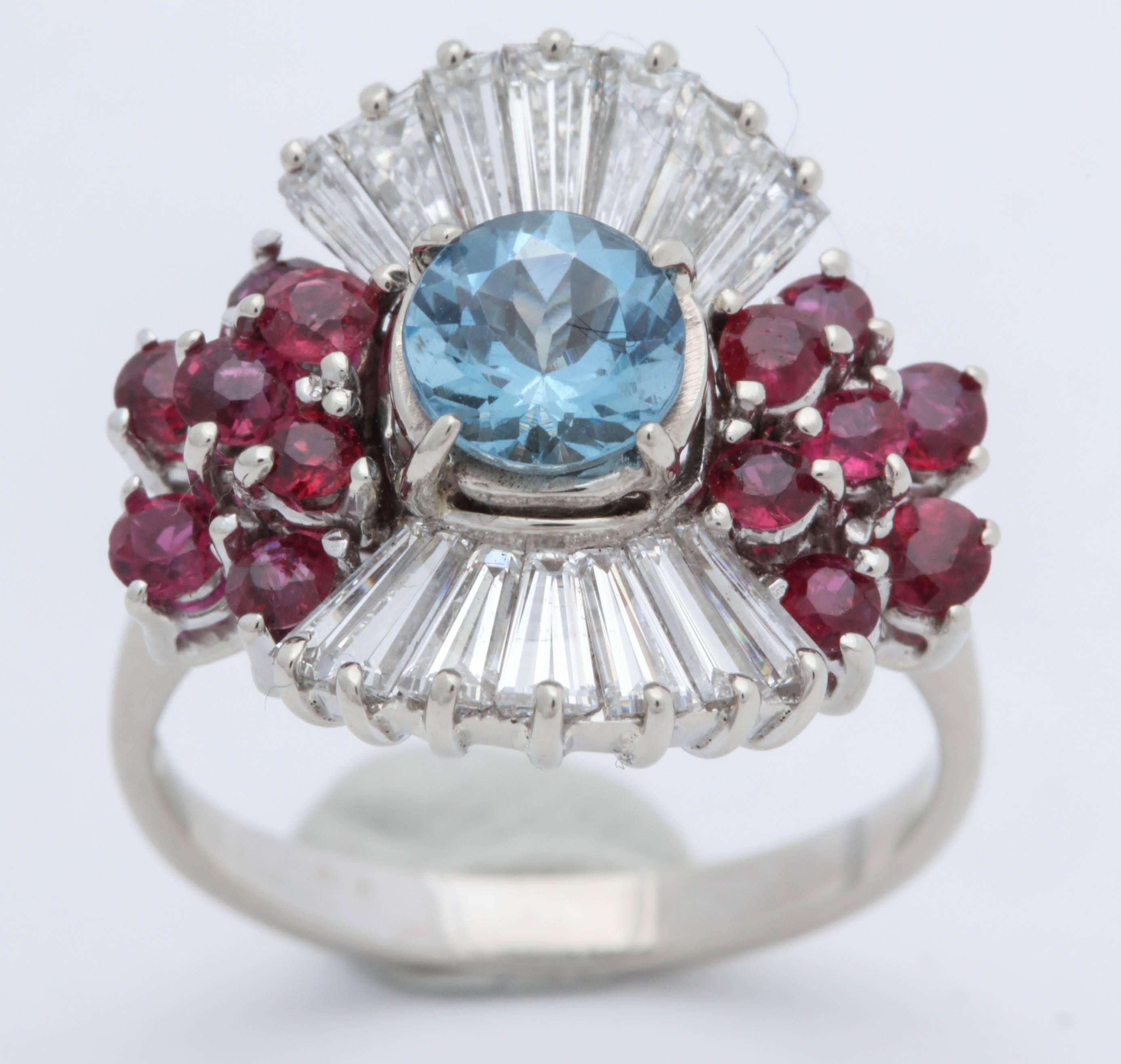 1950s Aquamarine, Ruby with Baguette Diamonds, White Gold Ballerina Fancy Ring For Sale 2