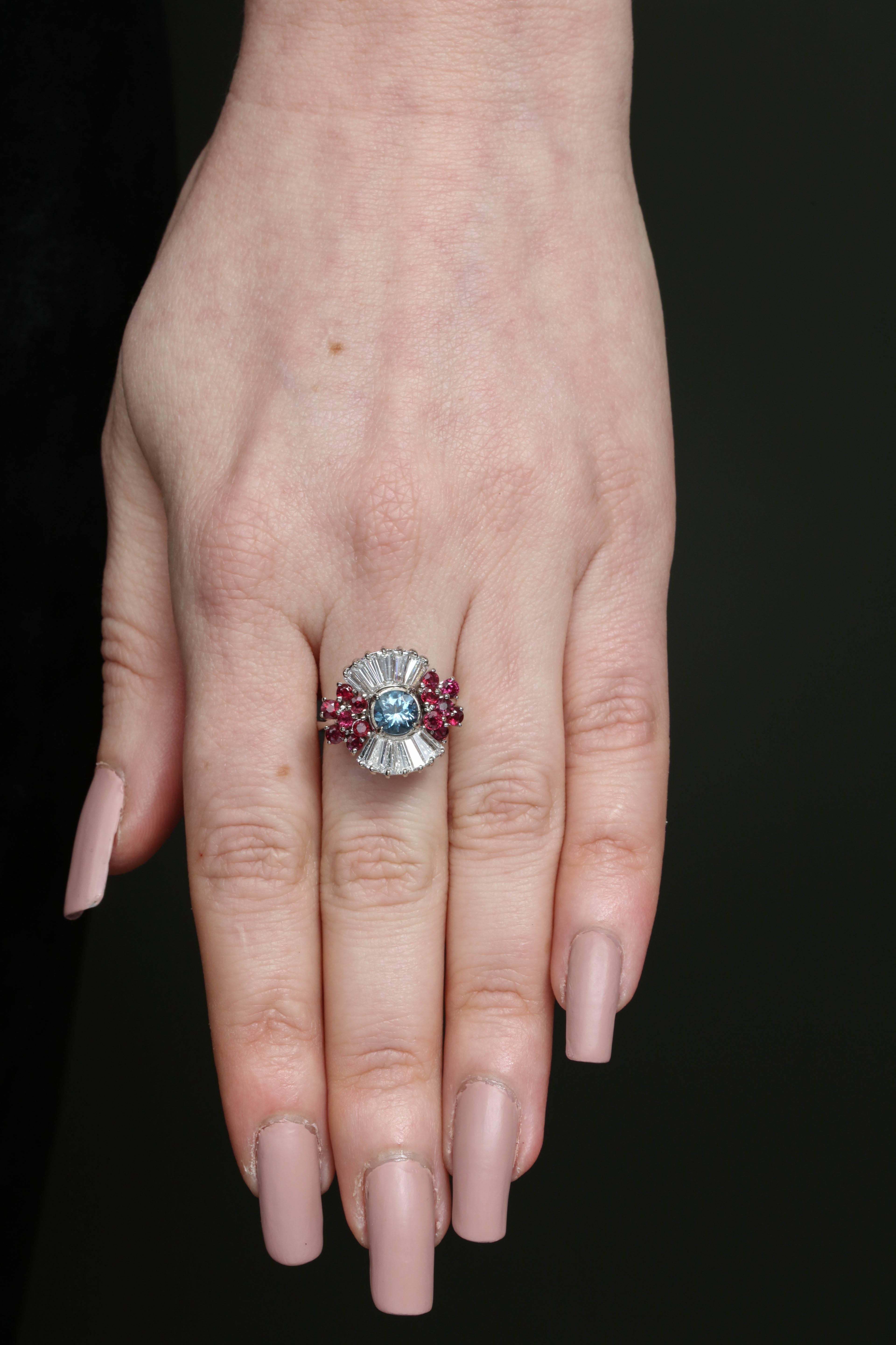 1950s Aquamarine, Ruby with Baguette Diamonds, White Gold Ballerina Fancy Ring For Sale 3