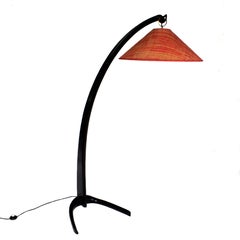 Mid-Century Modern Standing Lamp, Mahogany, Rusty Red Raffia Lampshade - Italy