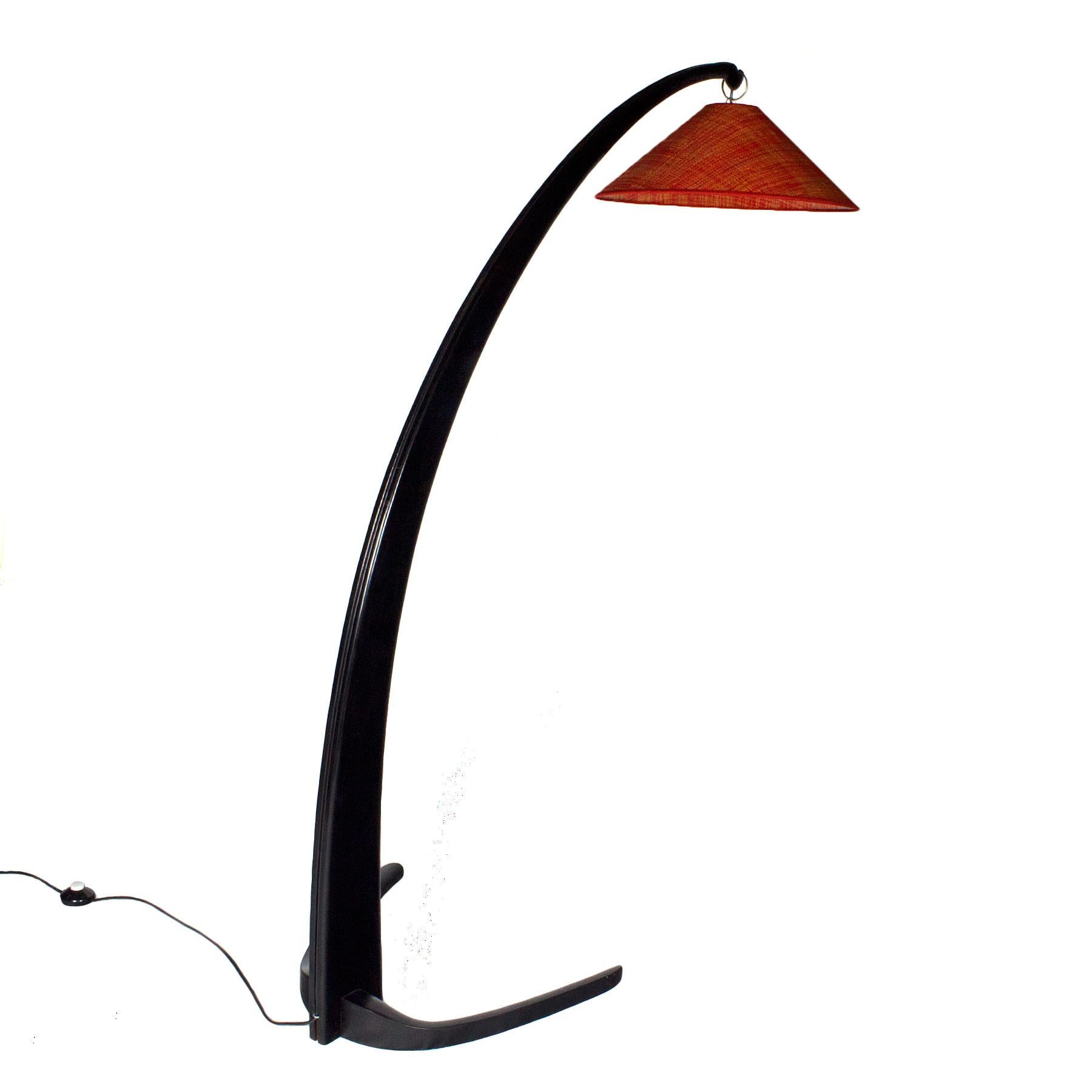 Italian Mid-Century Modern Standing Lamp, Mahogany, Rusty Red Raffia Lampshade - Italy For Sale