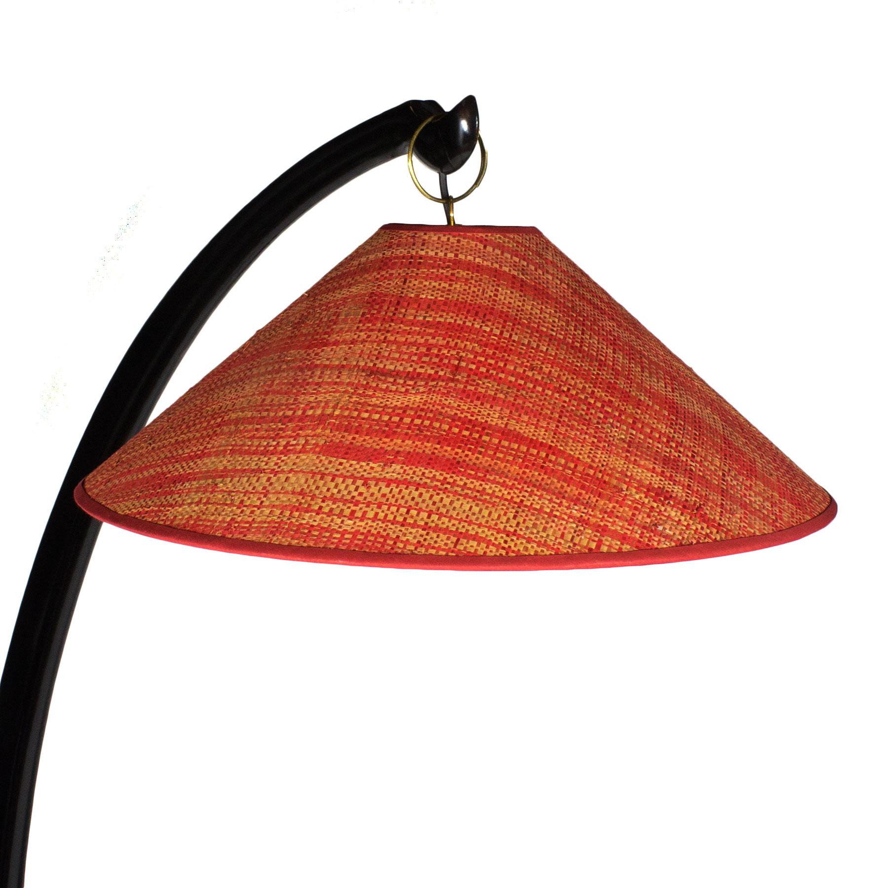 Mid-Century Modern Standing Lamp, Mahogany, Rusty Red Raffia Lampshade - Italy For Sale 2
